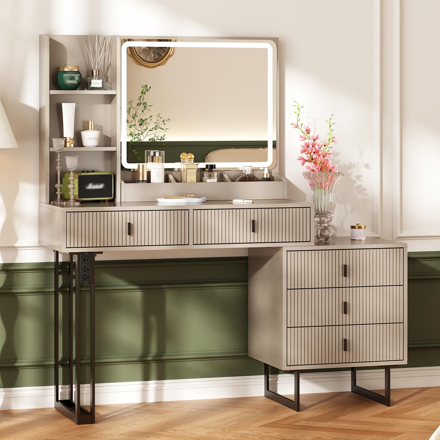 Large Vanity Desk with 3 Color Touch Screen Dimming Mirror, Vanity Desk with Charging Station, Modern Retractable Makeup Dressing Table, Makeup Table With storage shelves and 5 Sliding Drawers,Morandi
