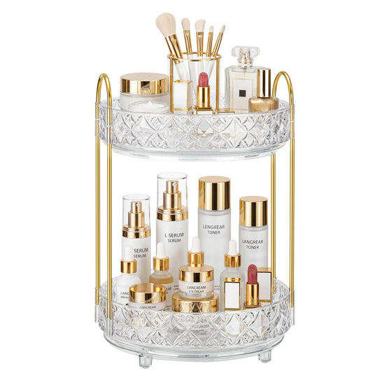 LAREKUN 360 Rotating Makeup Organizer for Vanity, 2 Tier Adjustable Perfume Organizer for Dresser, Multi-Function Spinning Cosmetics Skincare Storage for Bedroom, Dresser, Countertop, Clear