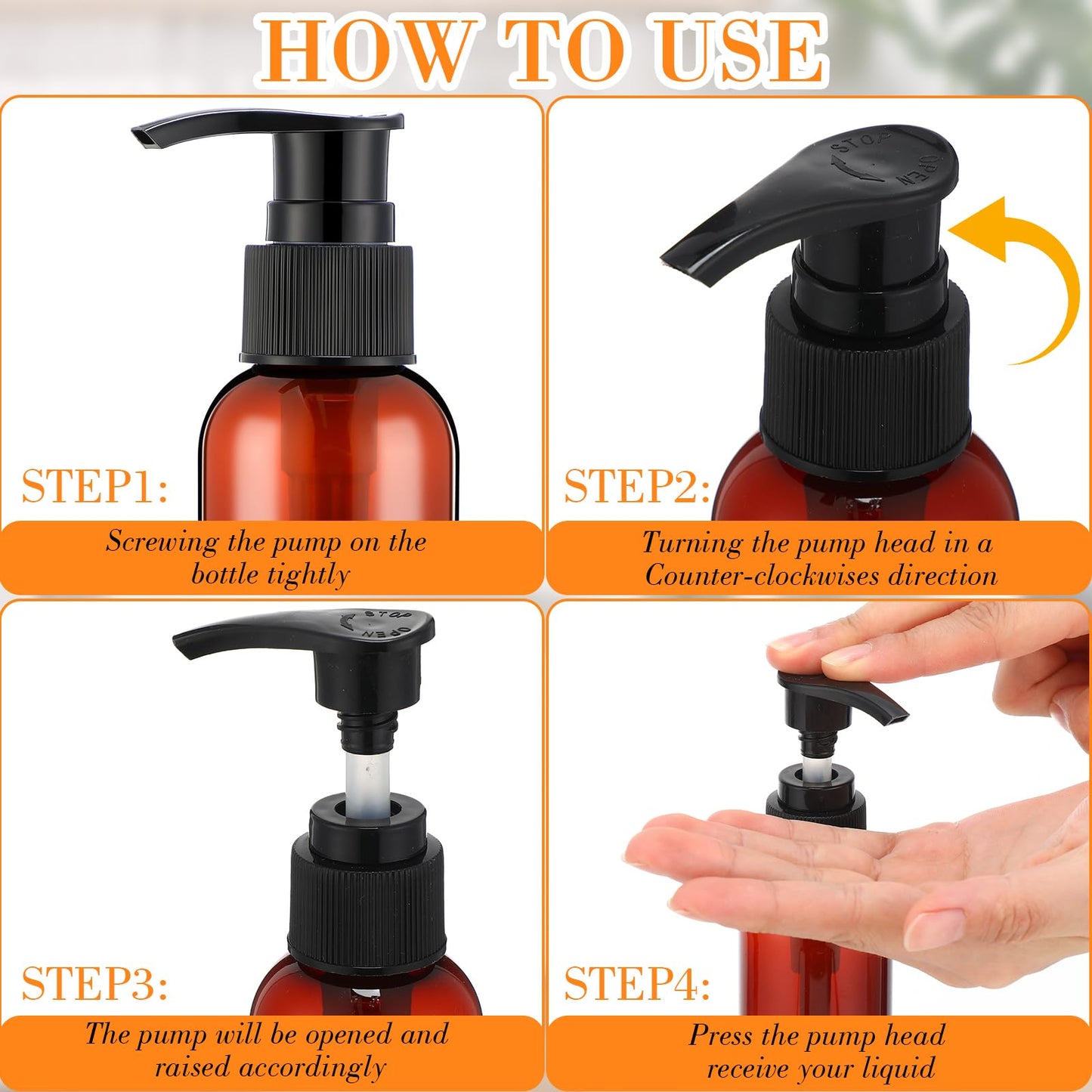 Nuenen 48 Pcs Refillable Empty Lotion Bottles 4oz/120ml Plastic Pump Bottles Conditioner Shampoo Dispenser Leak Proof Pump Container for Body Wash, Creams, Liquid Soap(Black and Brown)