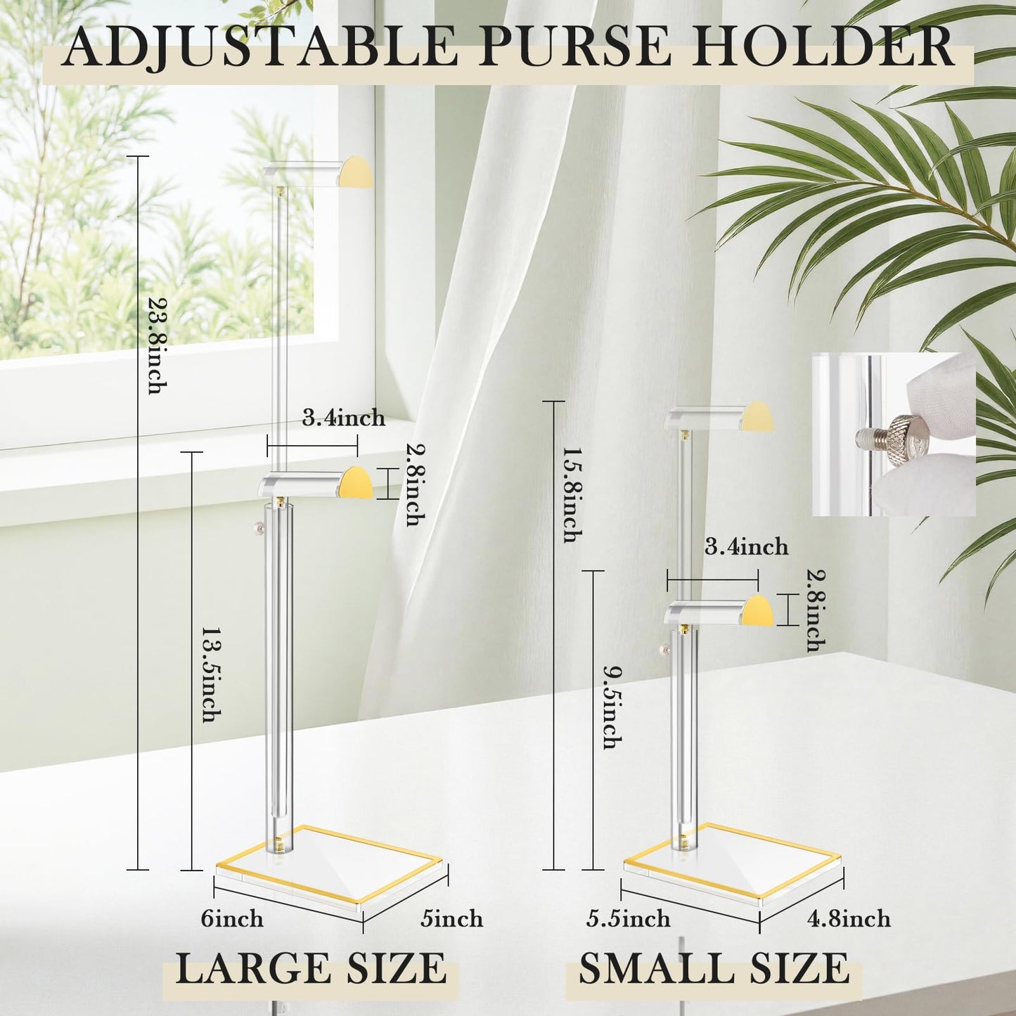 2 Pack Acrylic Handbag Display Stand, Gold Trim Clear Purse Holder 14"-24" Adjustable Height Thicken Anti-slip Base, Purse Rack Hanging Evening Bags Clutch Jewelry for Table Closet Retail Vendors