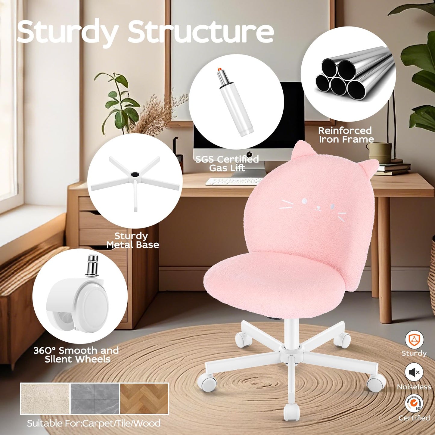 Morkprism Vanity Chair with Cat Back,Armless Desk Chair Cute Small Office Chair,Teddy Fabric Computer Chair with Adjustable Height,120°Tilting,Rolling,Swivel for Vanity,Kids Room,Office,Bedroom Pink