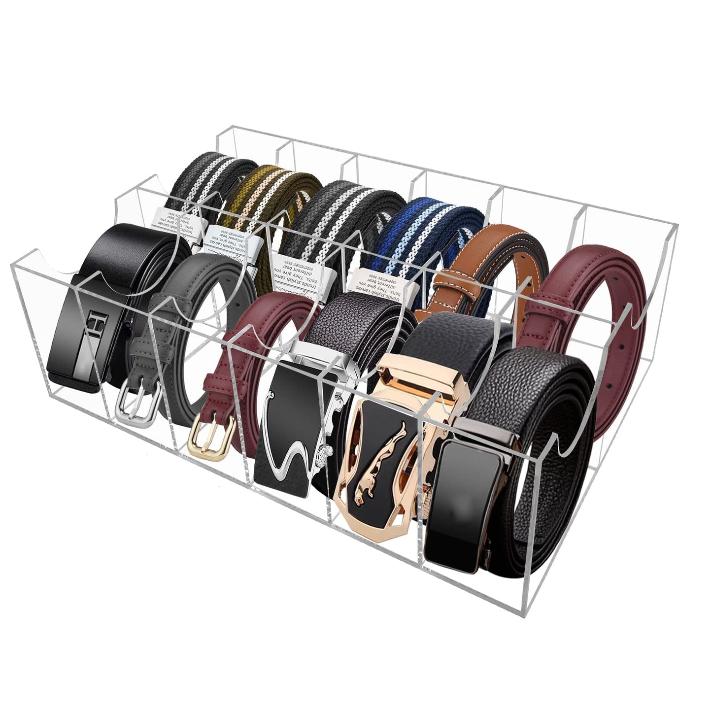 Hlimior Belt Organizer, Acrylic 12 Compartments Belt Container Storage Holder, Acrylic Belt Display Storage Box, Clear Belt Display Case for Closet Tie and Bow Watch Jewelry Bracelets Ring Cosmetic…