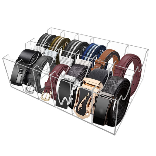 Hlimior Belt Organizer, Acrylic 12 Compartments Belt Container Storage Holder, Acrylic Belt Display Storage Box, Clear Belt Display Case for Closet Tie and Bow Watch Jewelry Bracelets Ring Cosmetic…
