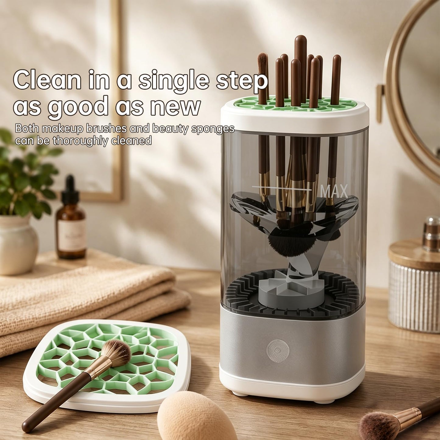 Kuyqd Electric Makeup Brush Cleaner Machine, Automatic Makeup Brush Cleaning With Dryer-Holder for All Brush Types,Sponges-Grey