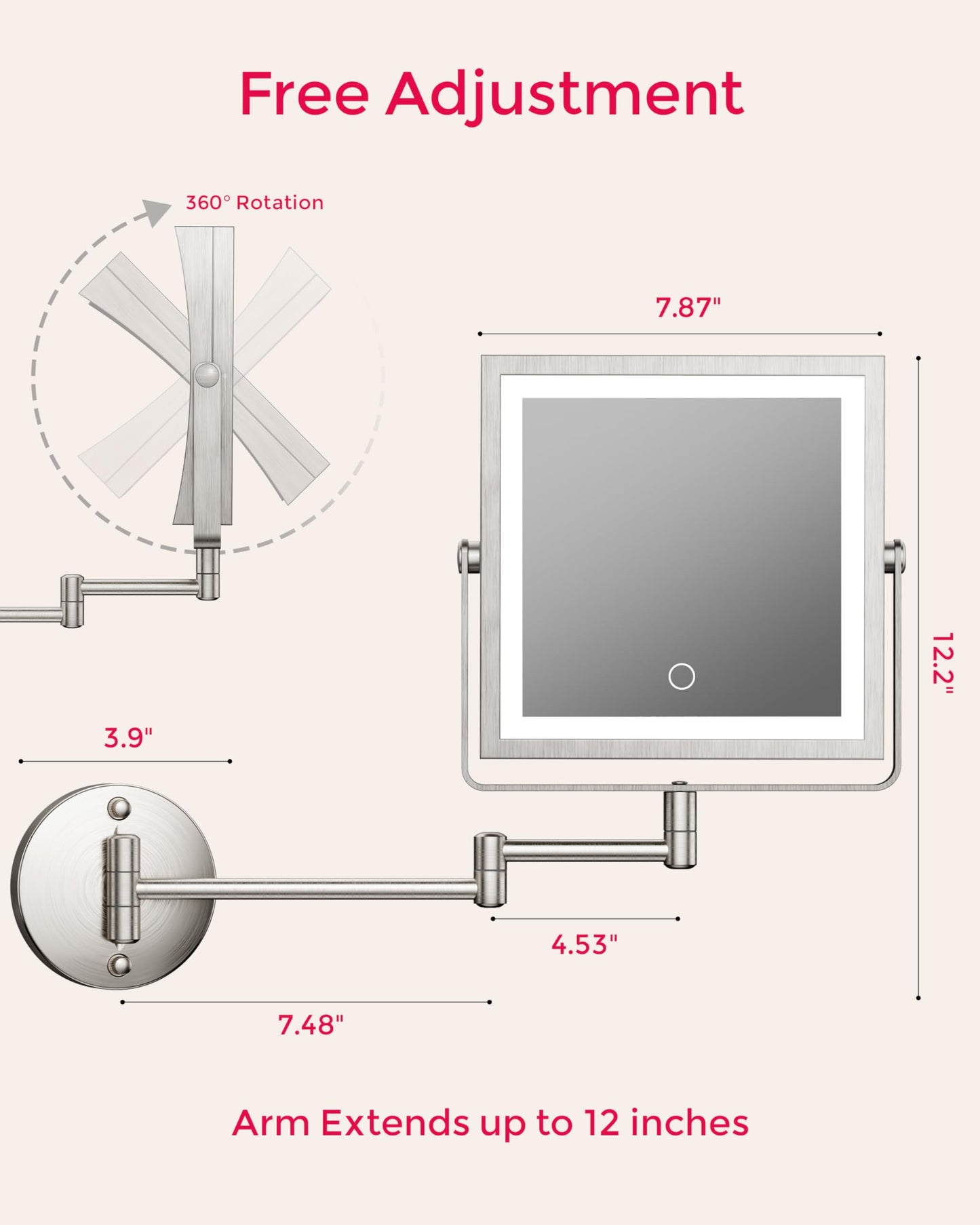 WZKALY Rechargeable Wall Mounted Makeup Mirror with Lights, 4000mAh Double Sided 1X/10X Magnifying Vanity Mirror with 3 Color Lights, Touch Dimmable, 360° Extension Foldable Arm(Brushed Nickel）