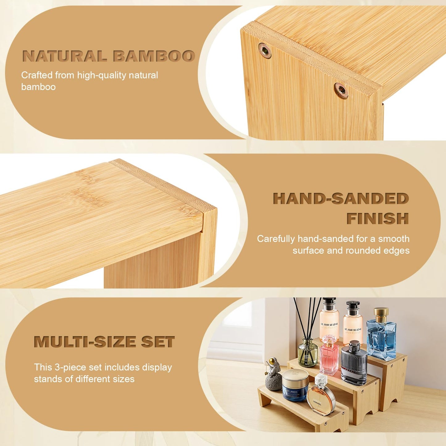 3 Tier Natural Bamboo Display Stand Risers, Exquisite Bamboo Organizer Stand for Cupcake, Perfume, Cologne, Figurine, Spice, Candle, Suitable for Table Display, Kitchen, Retail, Home Decor, Easy Installation