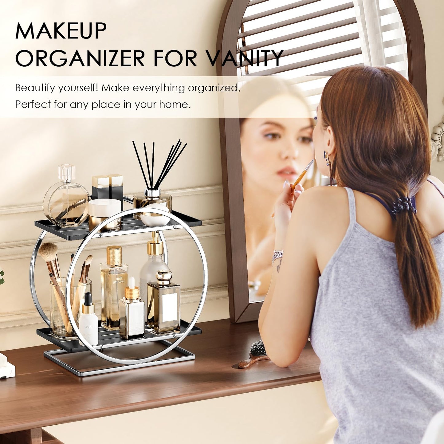 YIWANFW Bathroom Counter Organizer, Silver Black Perfume Organizer for Dresser, 2-Tier Bathroom Organizers and Storage, Exquisite Makeup Organizer Countertop Vanity Tray for Perfume Cosmetic Skincare