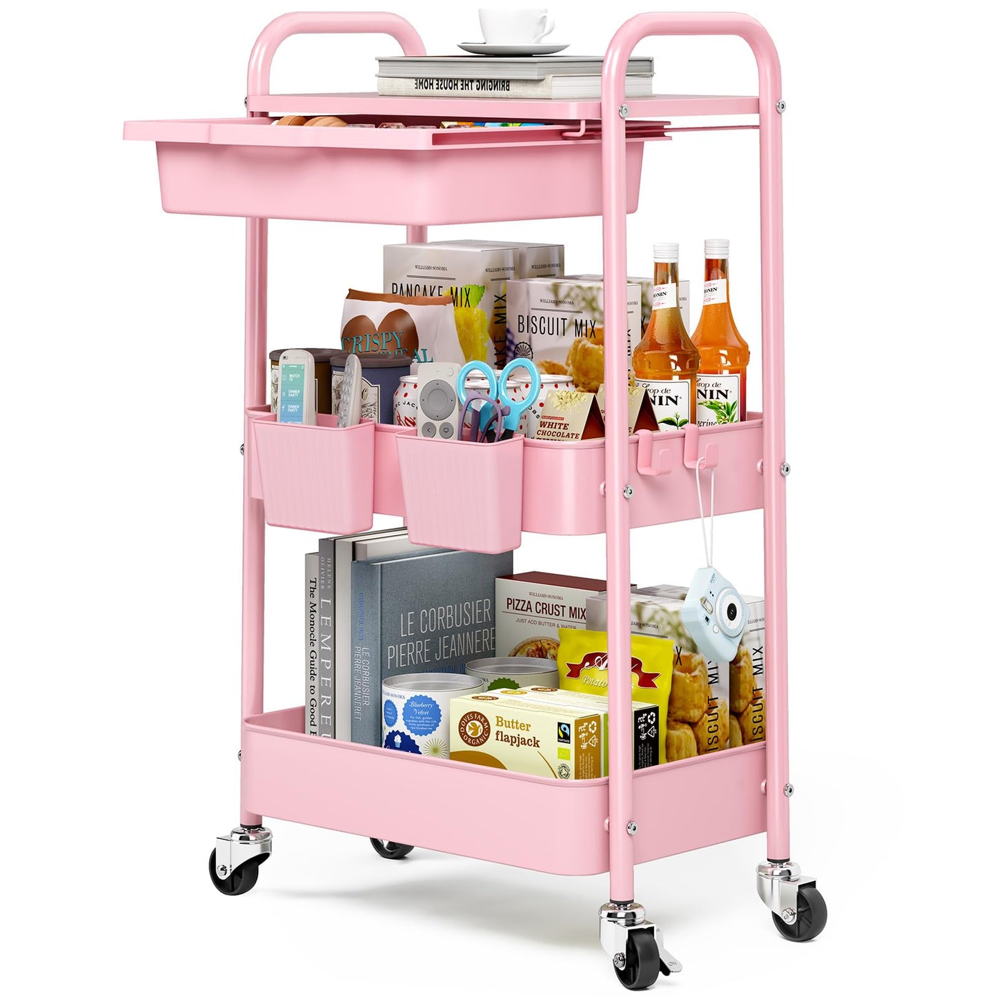 3 Tier Metal Rolling Utility Cart with Drawer & Lockable Wheels - Heavy Duty Multifunctional Storage Organizer with 2 Cups and 4 Hooks for Bathroom, Kitchen, Snack, Craft, Makeup, Baby Essentials