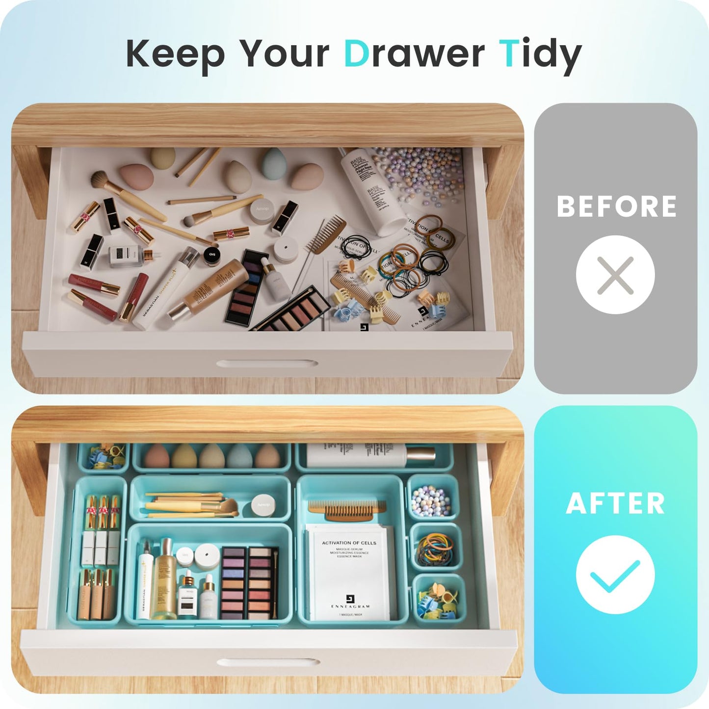 A-LuGei 【Military Grade】 Drawer Organizer, 【𝟱𝗦𝗶𝘇𝗲】 Makeup organizer, 【Holds 177 Items】 Bathroom Organizers and Storage, Organization and Storage, Desk Drawer Organizer for Vanity (Blue)