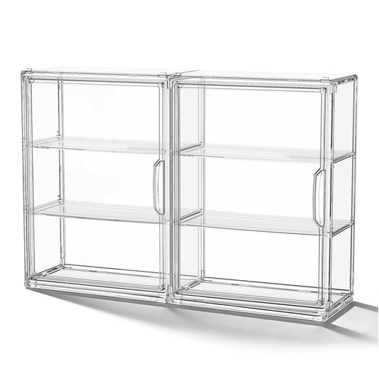 JOYZAN Acrylic Display Case for Collectibles, 2 Packs 3 Tiers Clear Display Case for Figures, Wall-Mounted Storage Box with Magnetic Door, Adjustable Figurine Display Shelf Dust-Proof Showcase