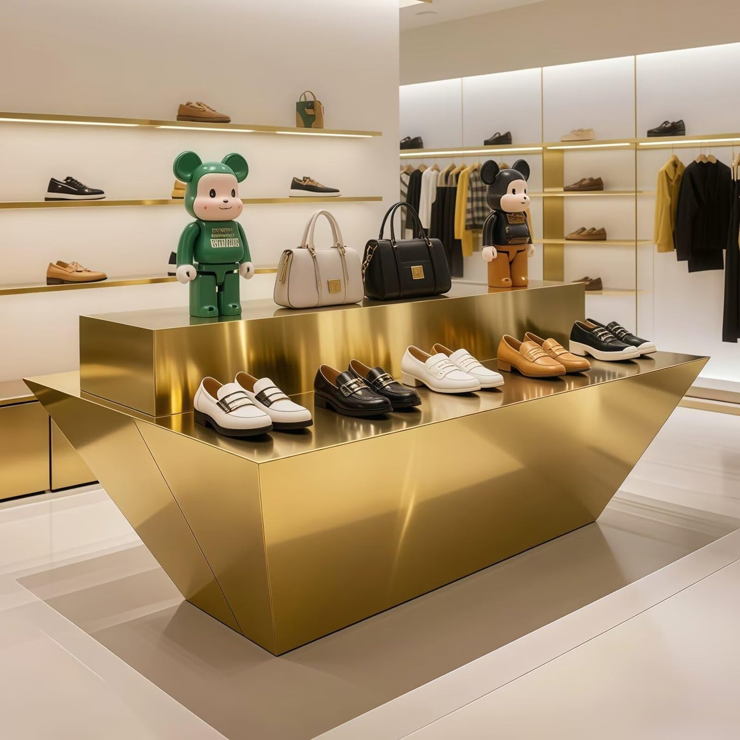 HHEvergreenEnsemble Display Table with Gold Trapezoidal Base,Luxurious Bag Display Stand Includes Double-Layer Storage Design for Retail Stores,Shopping Mall,78.74IN