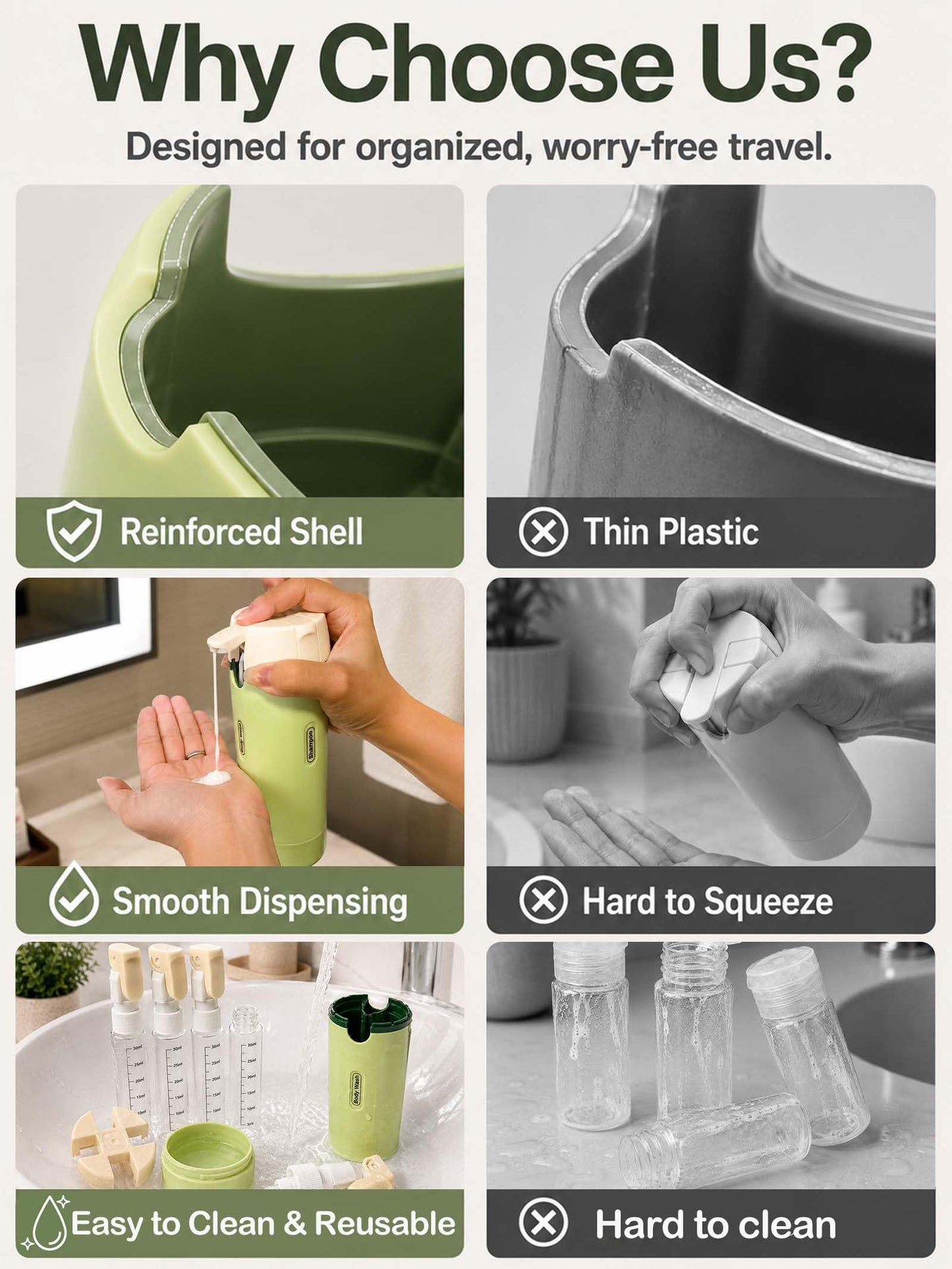 4 in 1 Travel Dispenser Bottle, TSA Approved Leak Proof Refillable Toiletry Containers for Shampoo, Conditioner, Lotion & Skincare – Easy Clean Travel Bottles for Gym, Business