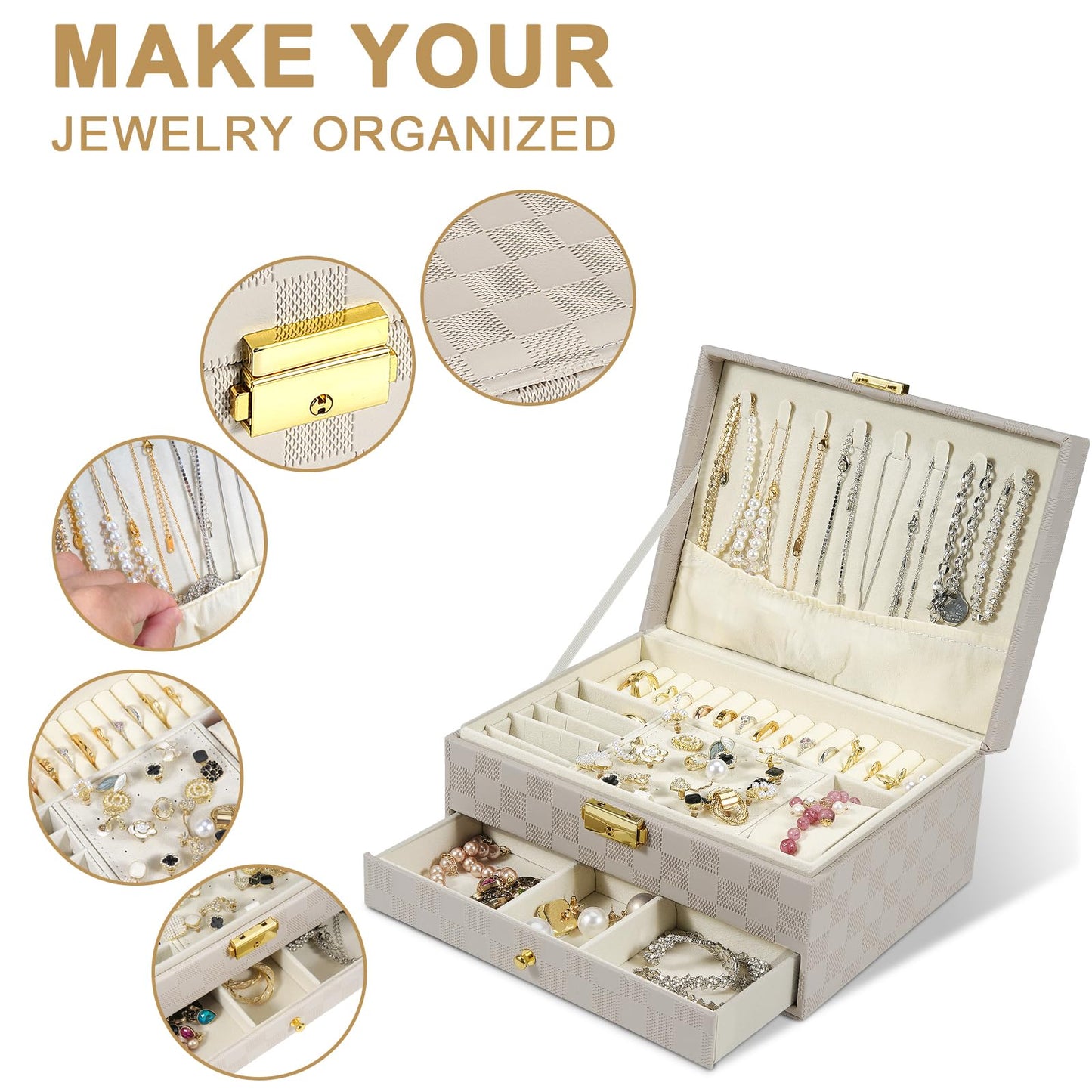 GUOER Jewelry Box for Women Girl Wife - Large PU Leather Jewelry Organizer Storage Case with Two Layers Display for Earrings Bracelets Rings Watches (Light Khaki)