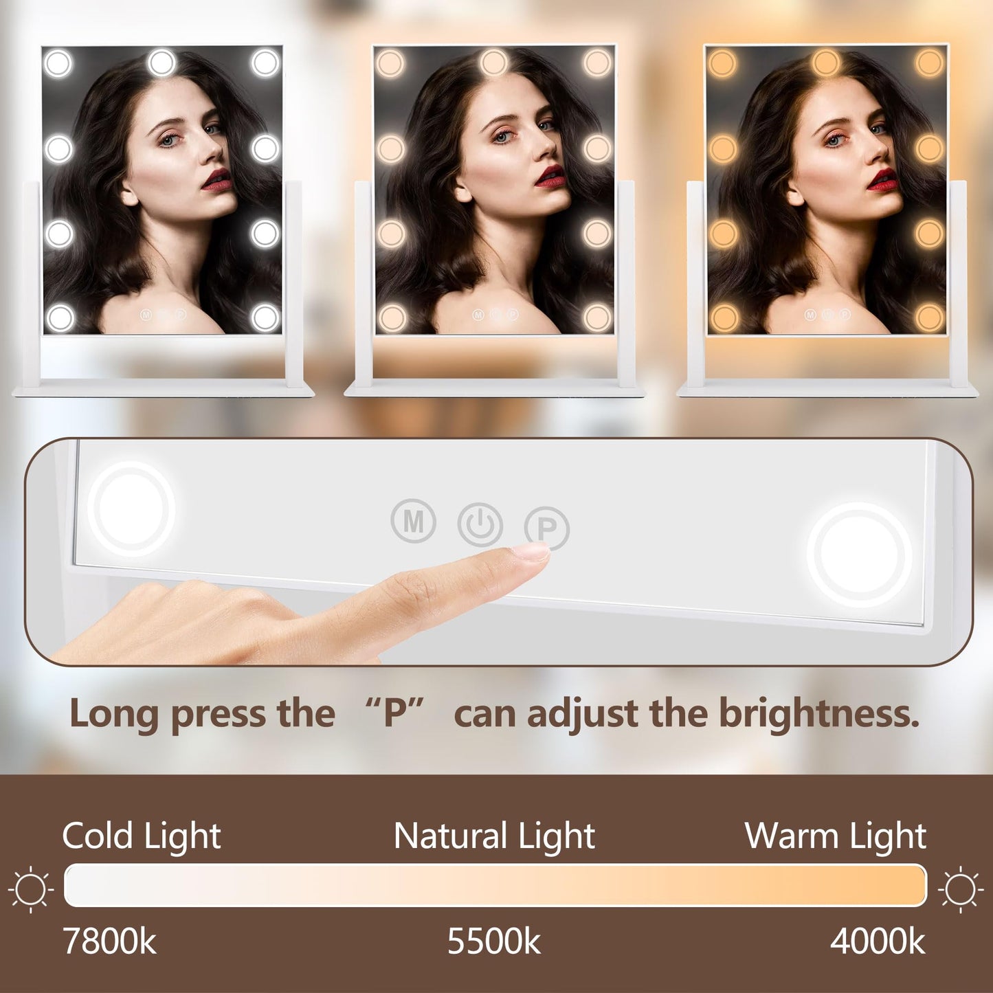 SLIMOON Lighted Makeup Mirror, Hollywood Vanity Mirror with 9 LED Bulbs, 3 Color Lights, and Detachable 10X Magnification Mirror, 1200mAh Rechargeable, Touch Control, 360°Rotation, White 14.05" * 12"