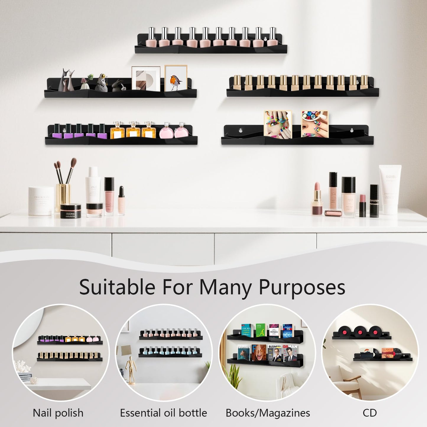 Nail Polish Wall Rack, 6-Shelf 15-Inch Black Acrylic Nail Polish Shelves with Removable Ends – Multi-Purpose Shelf for Essential Oils, Cosmetics Storage and Display for Salons and Bathrooms