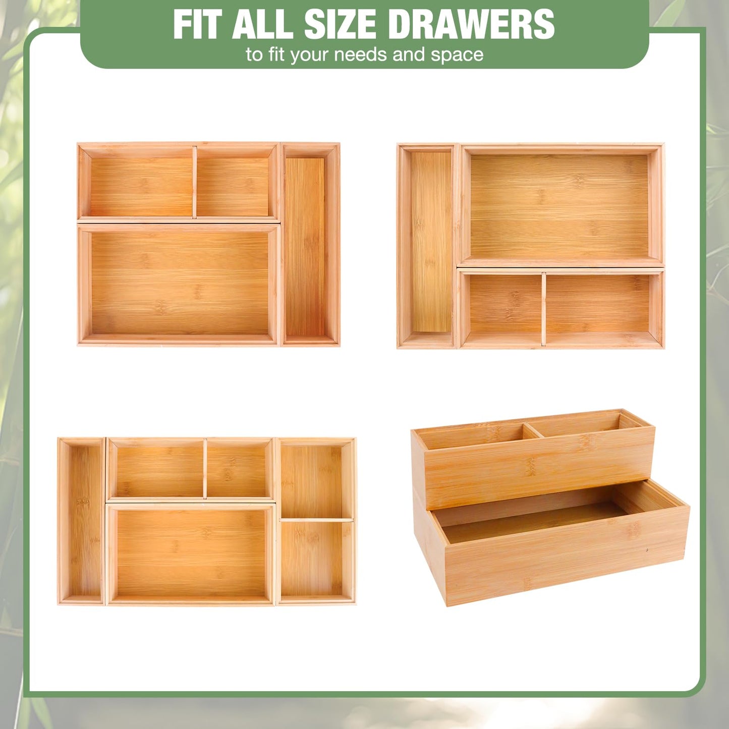 Bxngjuj Bamboo Drawer Organizer,5 PCS Silverware Organizer & Kitchen Organizers and Storage,Utensil Drawer Organizer With Removable Dividers for Kitchen,Utensils,Bathroom,Office,Makeup(Natural)
