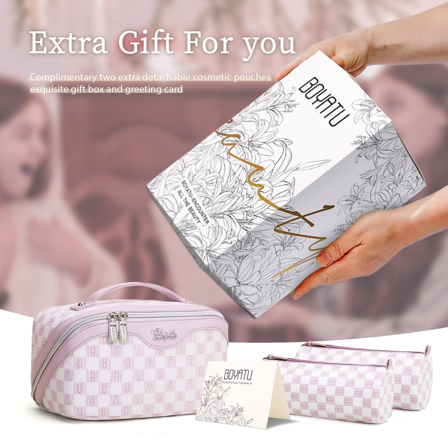 BOYATU Travel Makeup Bag Organizer Cosmetic Bag: 3 Pcs Set Make up Bags for Women with Handle - Waterproof Vegan Leather Toiletry Bags Travel Essentials Pouch with Compartments (H-05-Pink)