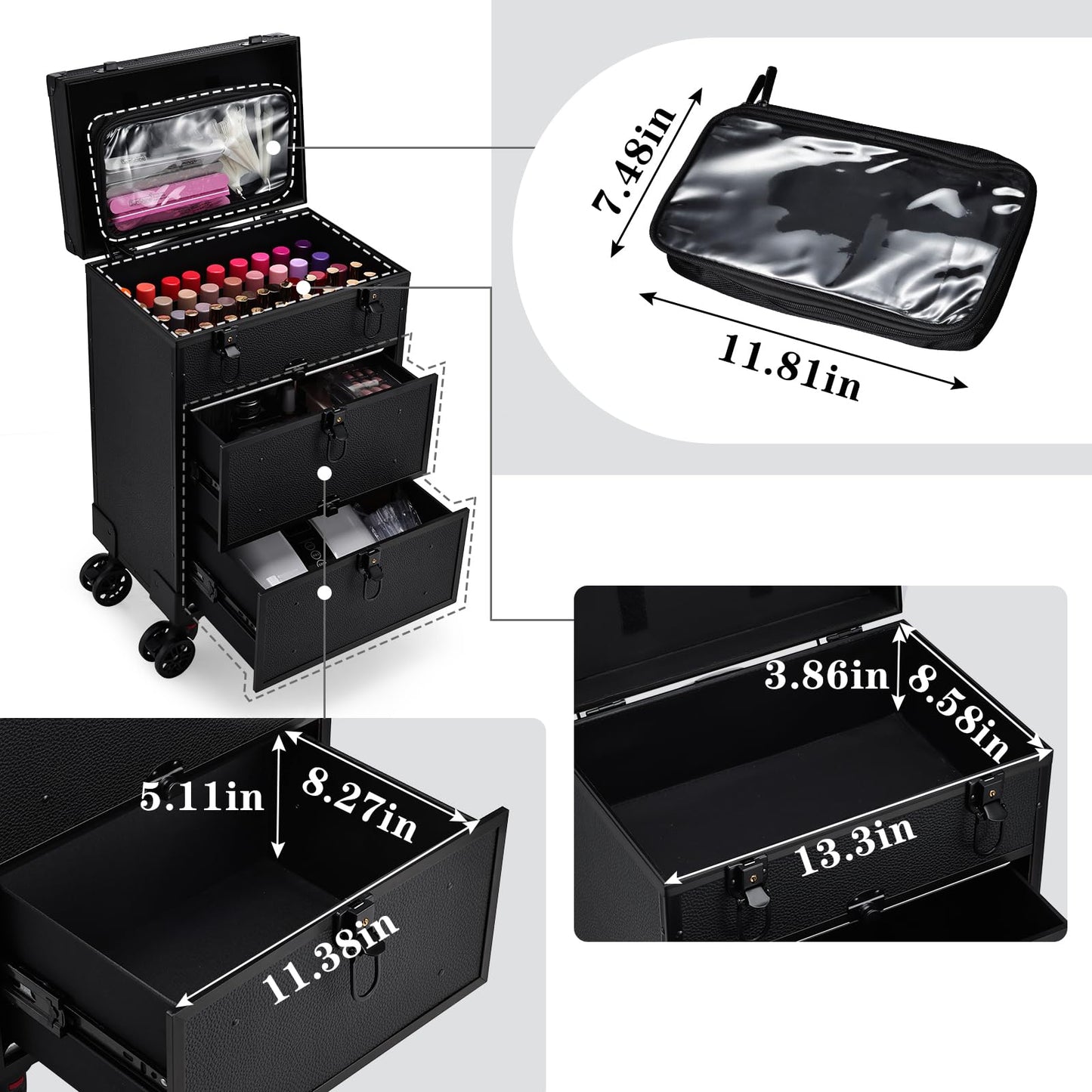 Faquenc Rolling Makeup Train Case with 2 Extra Large Drawers Nail Organizer Case with Wheels Traveling Cosmetology Case with Makeup Pouch for Mobile Stylist Artists Nail Salon Cart Trunk Black