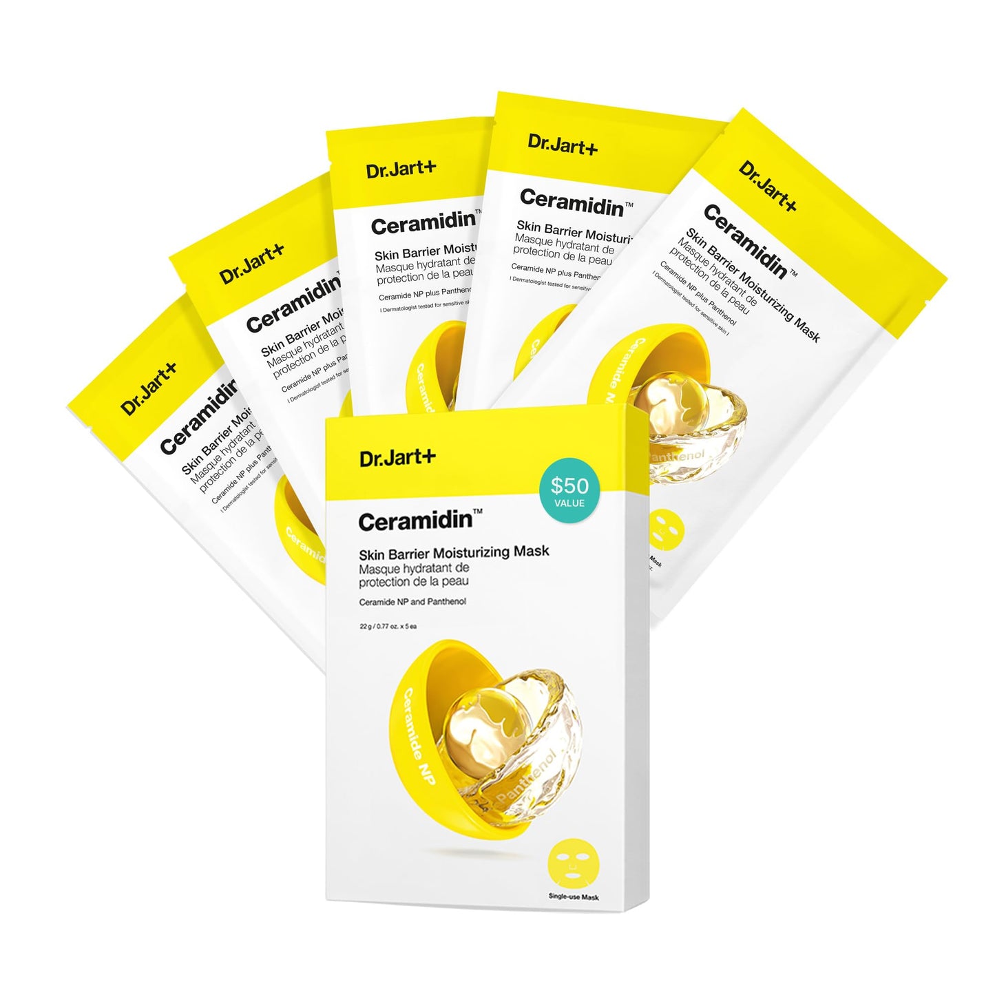 Dr.Jart+ Ceramidin Skin Barrier Moisturizing Korean Face Mask with Ceramides | Sheet Mask | Beauty Gifts for Women | Korean Skin Care, 5 Pack