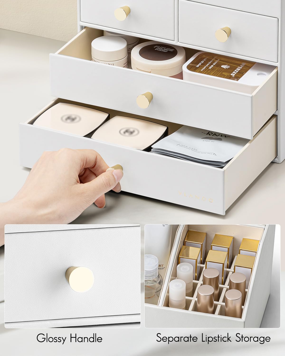 VLANDO Makeup Organzier,Vanity Organizer with Drawers, PU Leather Skincare Organizer Perfume Organizer,Large Cosmetic Display Case for Lipstick,Brushes Gifts for Women, White, 4 Layer
