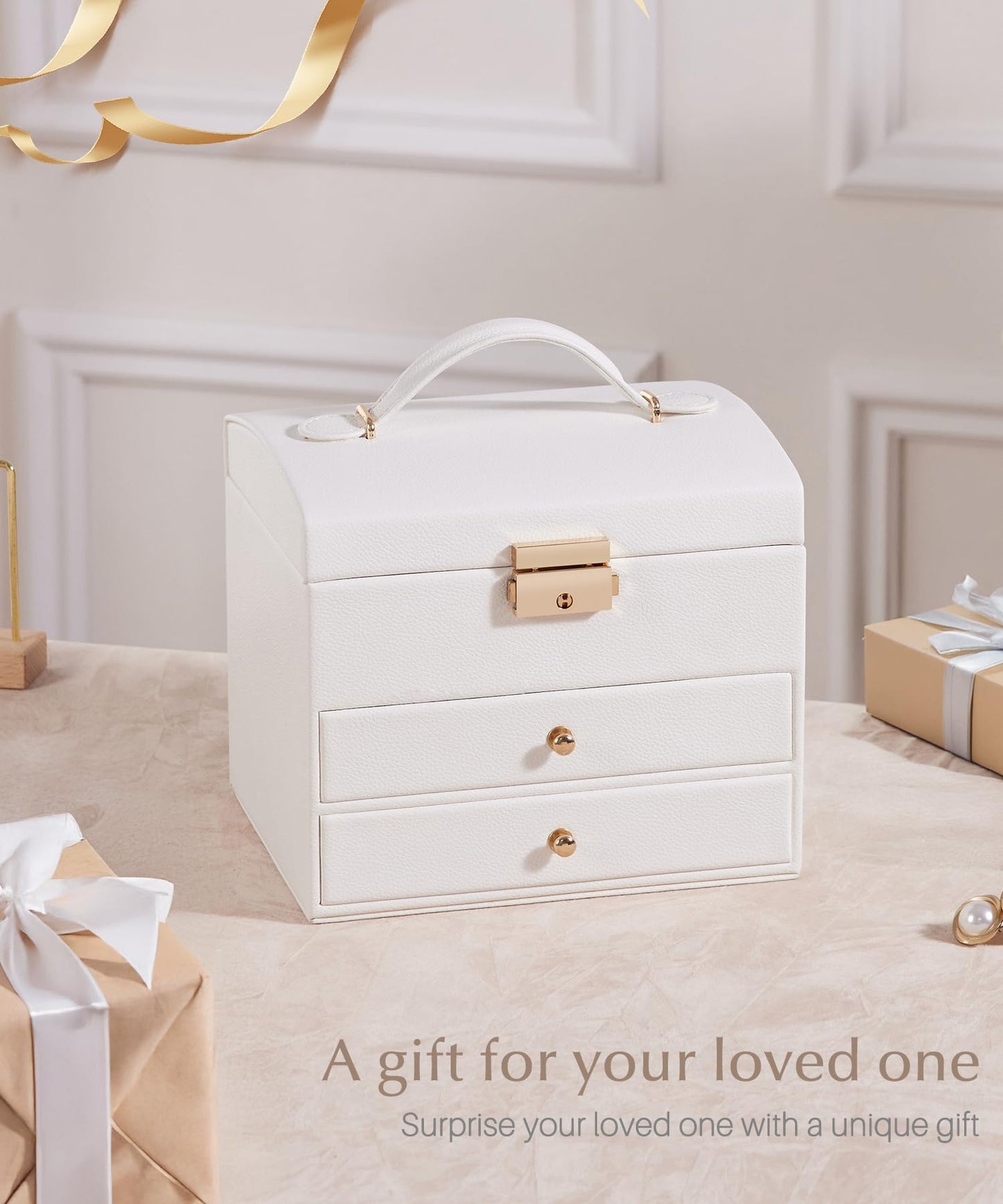 Homde Small Girls Jewelry Box, Cloud White, 3 Layer with Lock