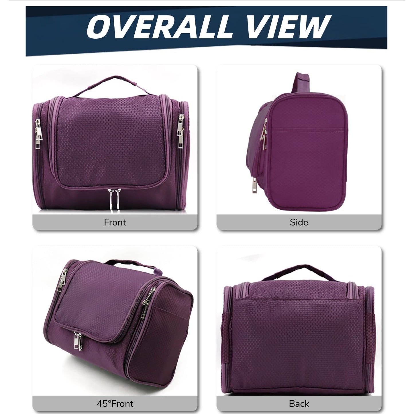 Buruis Hanging Toiletry Bag for Women and Men, Large Water-Resistant Makeup Organizer with Sturdy Hook, Lightweight Nylon Dopp Kit for Full-Sized Toiletries & Cosmetics, Purple