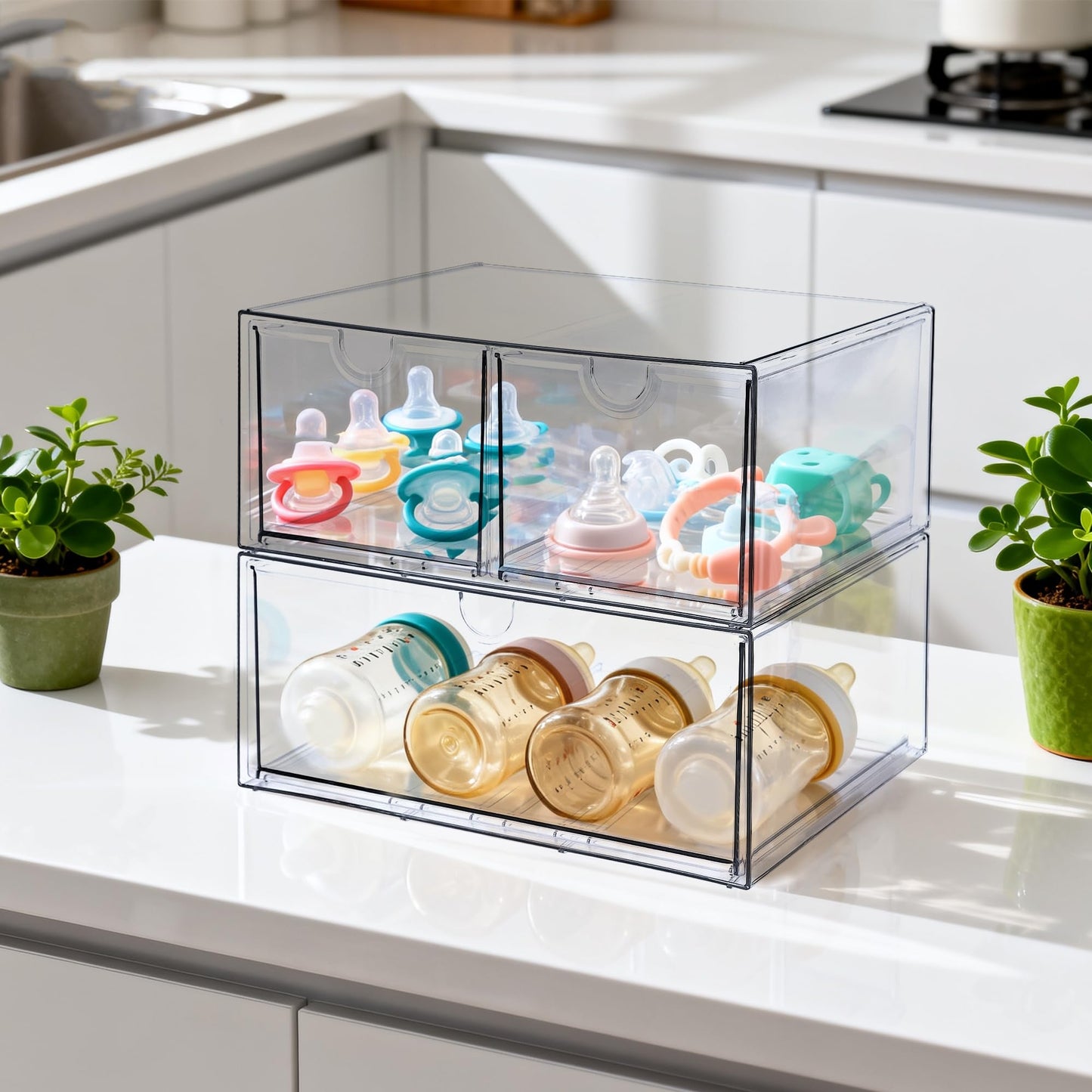 Prsildan Acrylic Drawer Makeup Organizer with 3 Drawers, Clear Stackable Storage for Baby Bottles, Craft, Jewelry & Hair Accessories, Multi-Use for Vanity, Countertop, Office Desk Organization