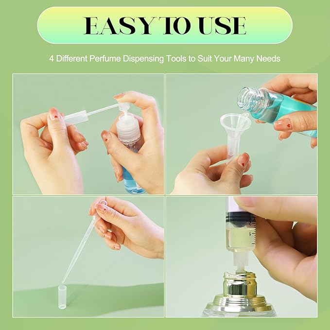 50Pcs Mini Spray Bottle 2ml, Small Travel Perfume Bottle Refillable with 10 Tools, Clear Plastic Small Atomizer Empty, Fine Mist Perfume Sample Spray Bottle for Travel Essential Oil Perfumes