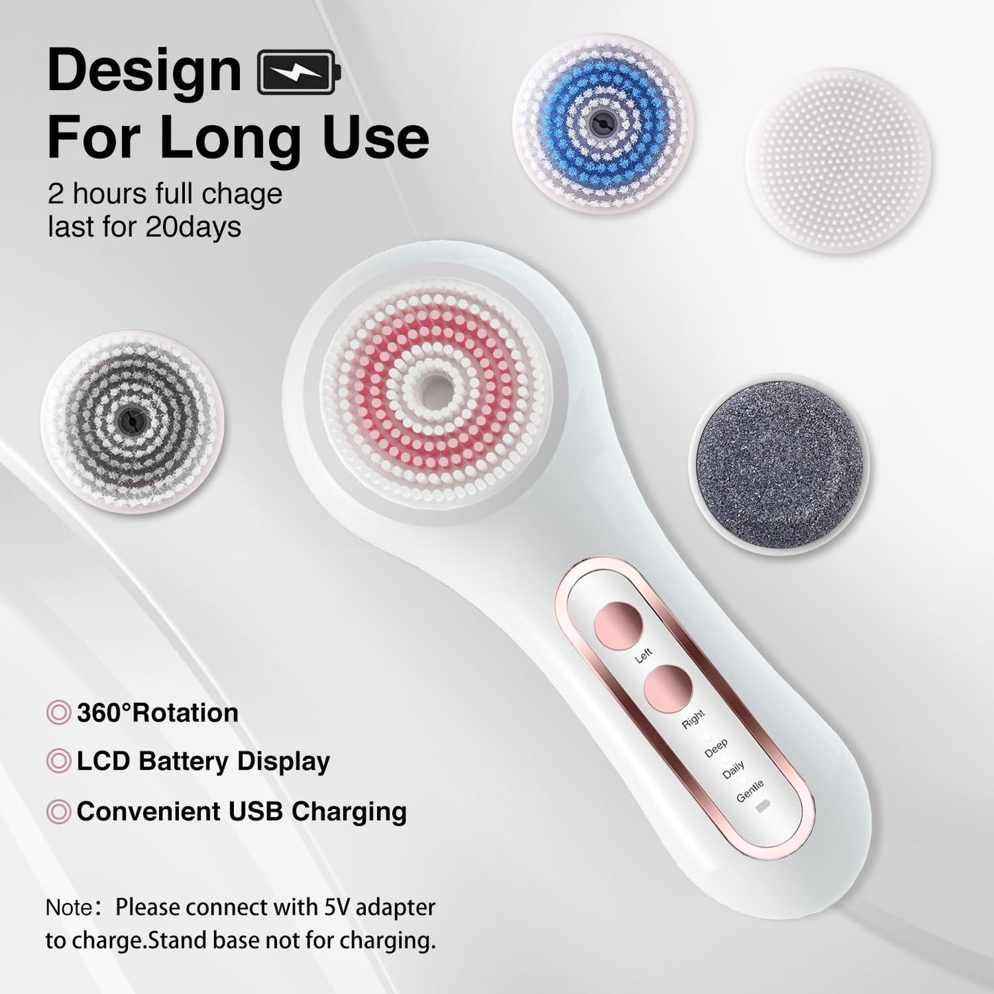 UMICKOO Electric Facial Cleansing Brush, 2-Way Rotating Face Scrubber for Daily & Deep Cleaning, 3 Modes, 5 Brush Heads, Rechargeable, IPX7 Waterproof for All Skin Types
