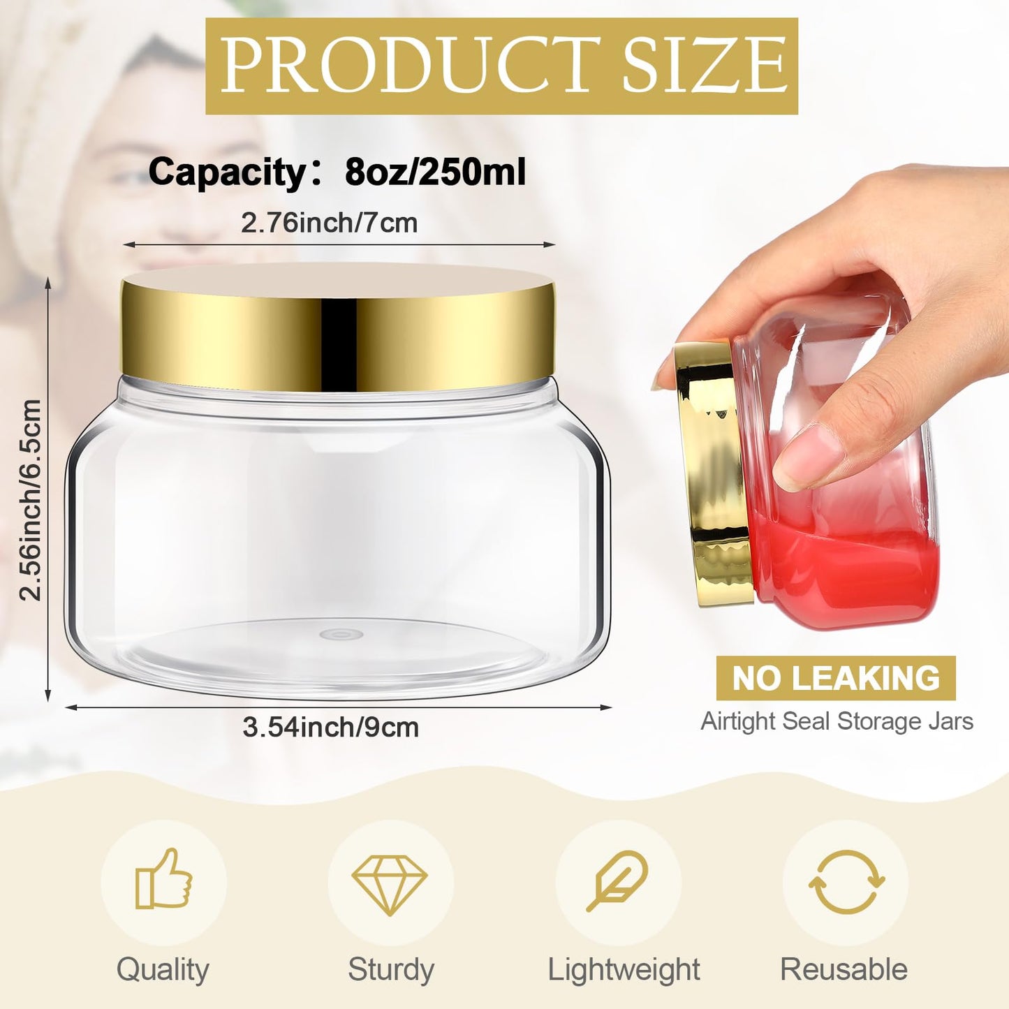 Mumufy 48pcs Plastic Jars with Lids Round Empty Containers Travel Containers for Creams Refillable Cosmetic Jars for Lotions Body Scrub Body Butter (8 oz,Gold,Clear)