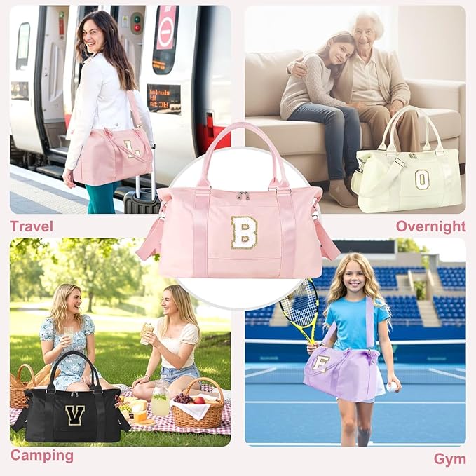 Dance Gym Duffel Bag for Teen Girls, Personalized Initial Travel Weekender Bag,Cute Overnight Carry On Duffle for Women,Sports Travel Cheer Bag,Monogram Christmas Gifts for Tween Preppy(pink-B)