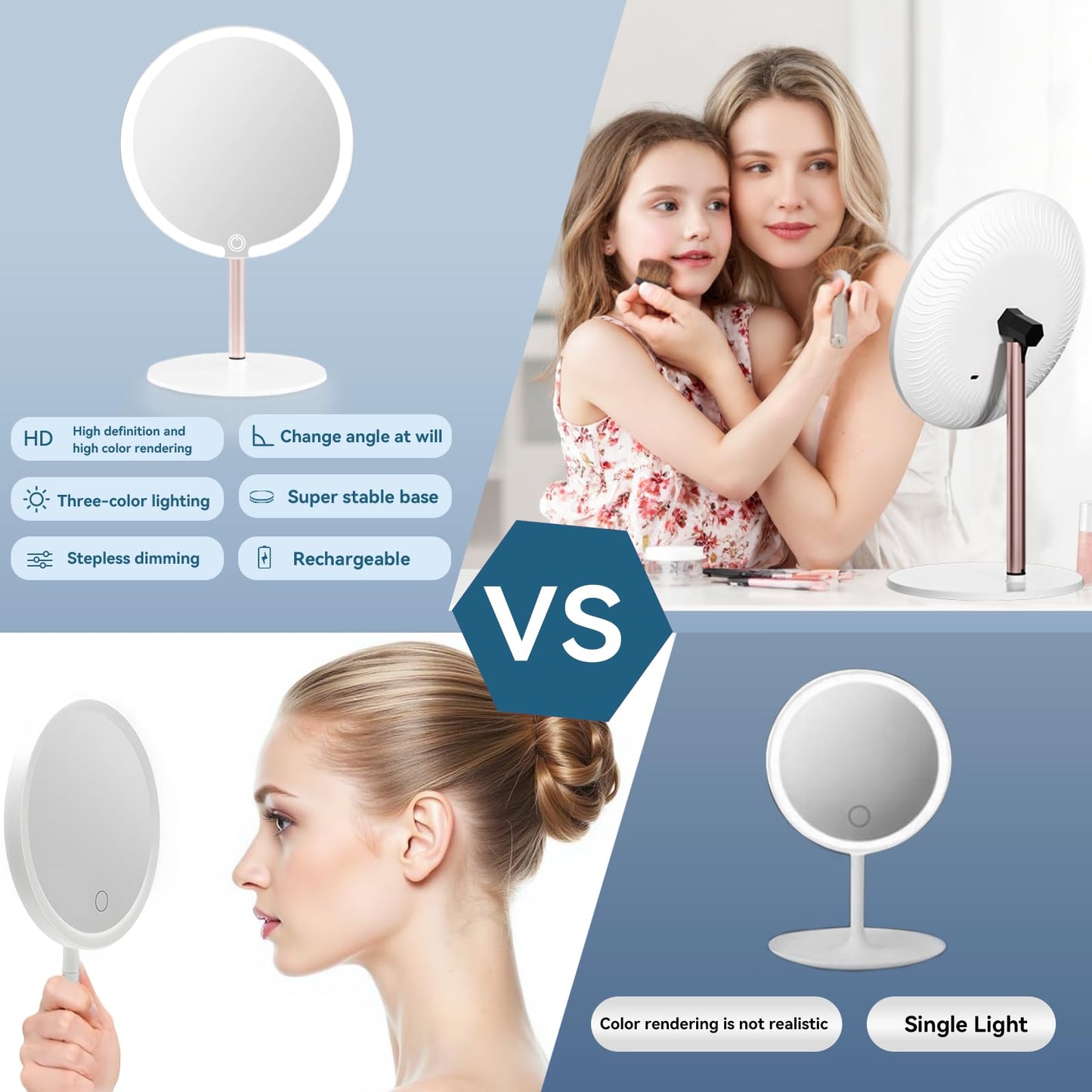 SKSFLY Makeup Mirror with Lights, 4K Ultra-Clear Reflection, Long-Press Adjustable Brightness, 3 Glow Settings, Flexible Multi-Angle Design – Perfect for Makeup