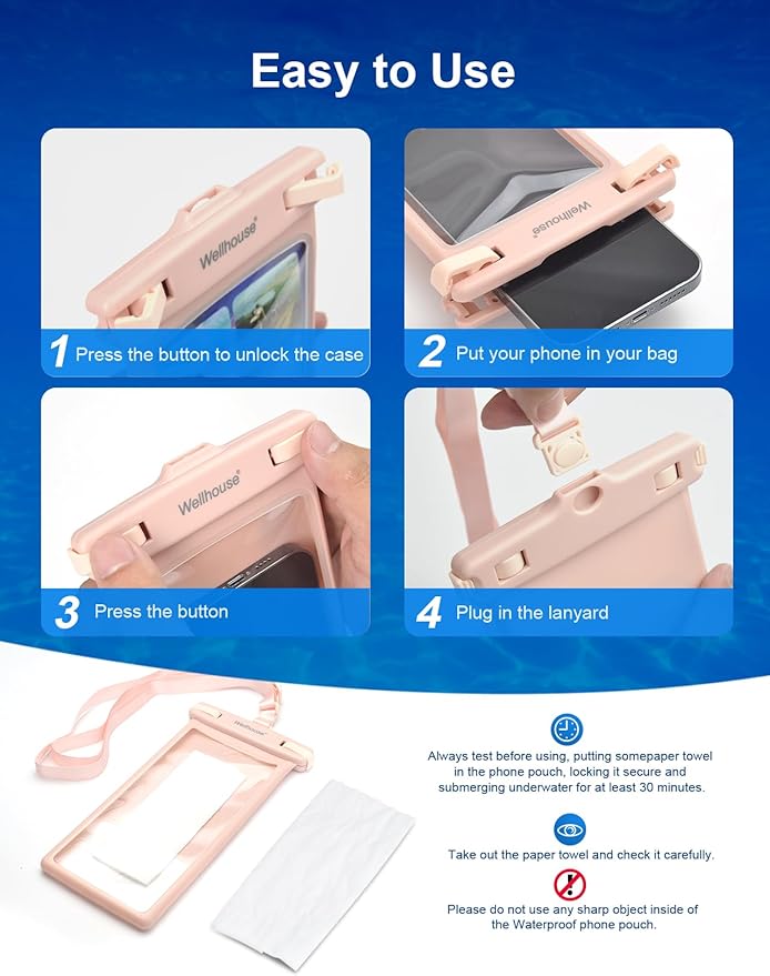 wellhouse Waterproof Phone Pouch, Waterproof Phone Case for iPhone 16 15 14 13 12 Pro Max XS Samsung, IPX8 3D Cellphone Dry Bag Beach Essentials (1 Pack - Pink8.0, 8 inch)