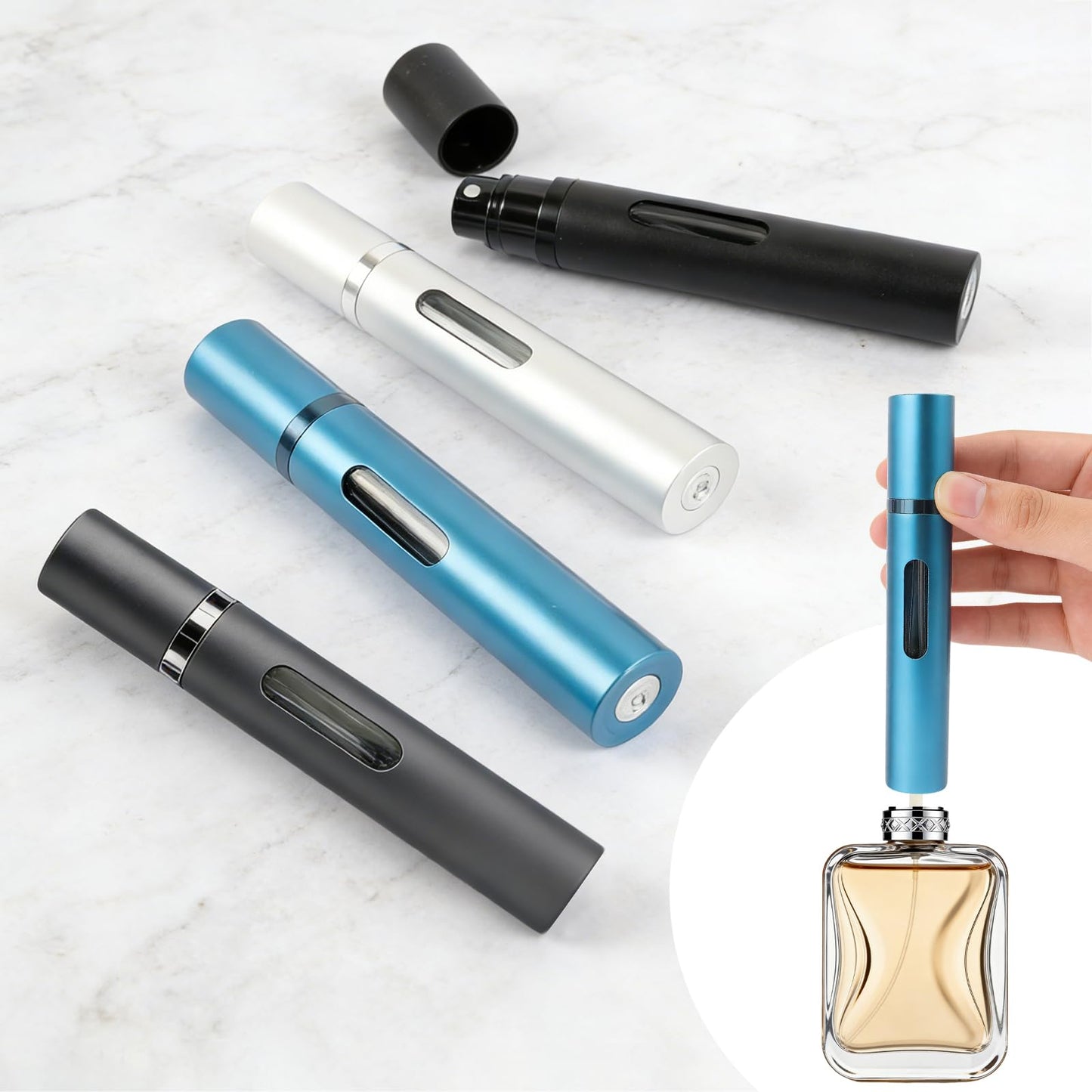 Nyuemystery 10ml 4 Pack Bottom Fill Perfume Atomizer, Refillable Travel Spray Bottle, Leak-Proof Portable Mini Cologne Dispenser with Pouch for Women & Men