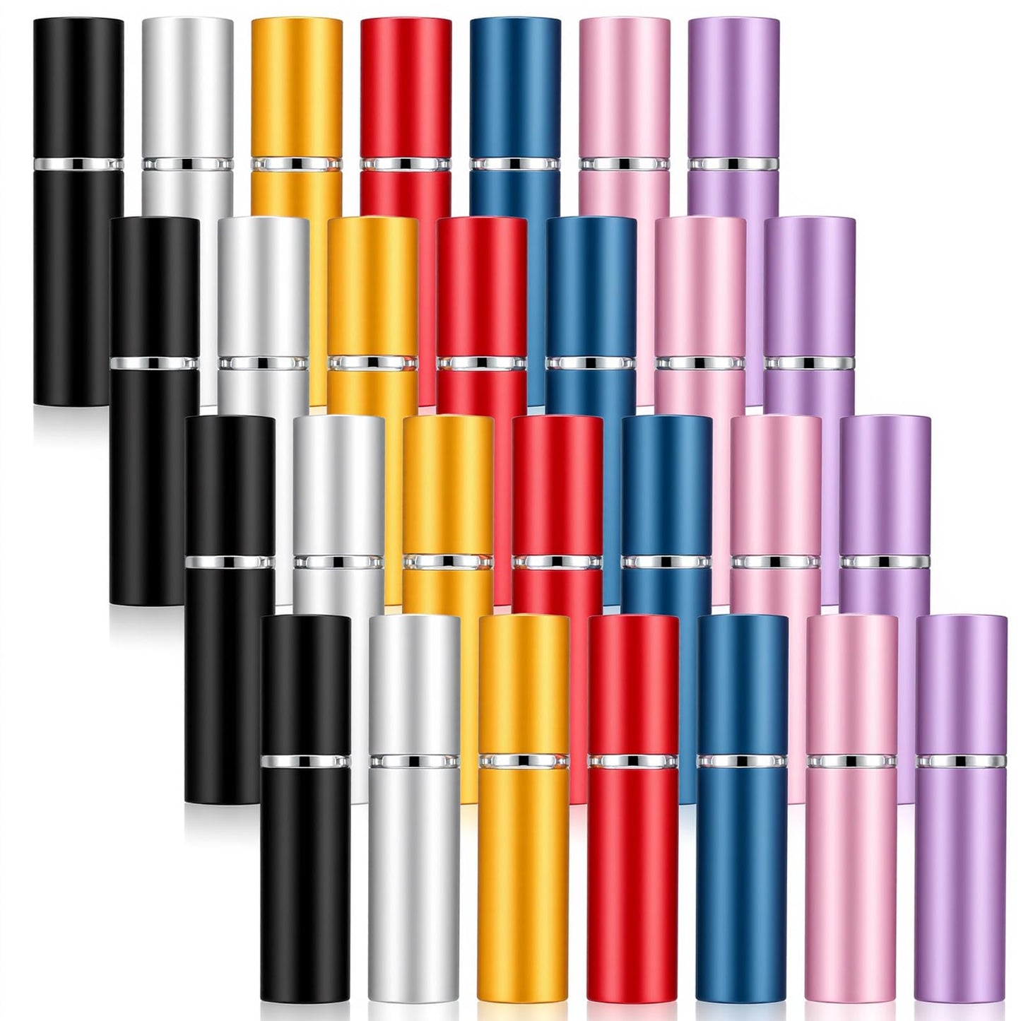 kenaeooe 28 Pcs 10ml Refillable Perfume Atomizer Bottles, Travel-Size Perfume Travel Refillable Sprayers with Pump in 7 Colors (Blue, Black, Gold, Silver, Pink, Purple, Red)