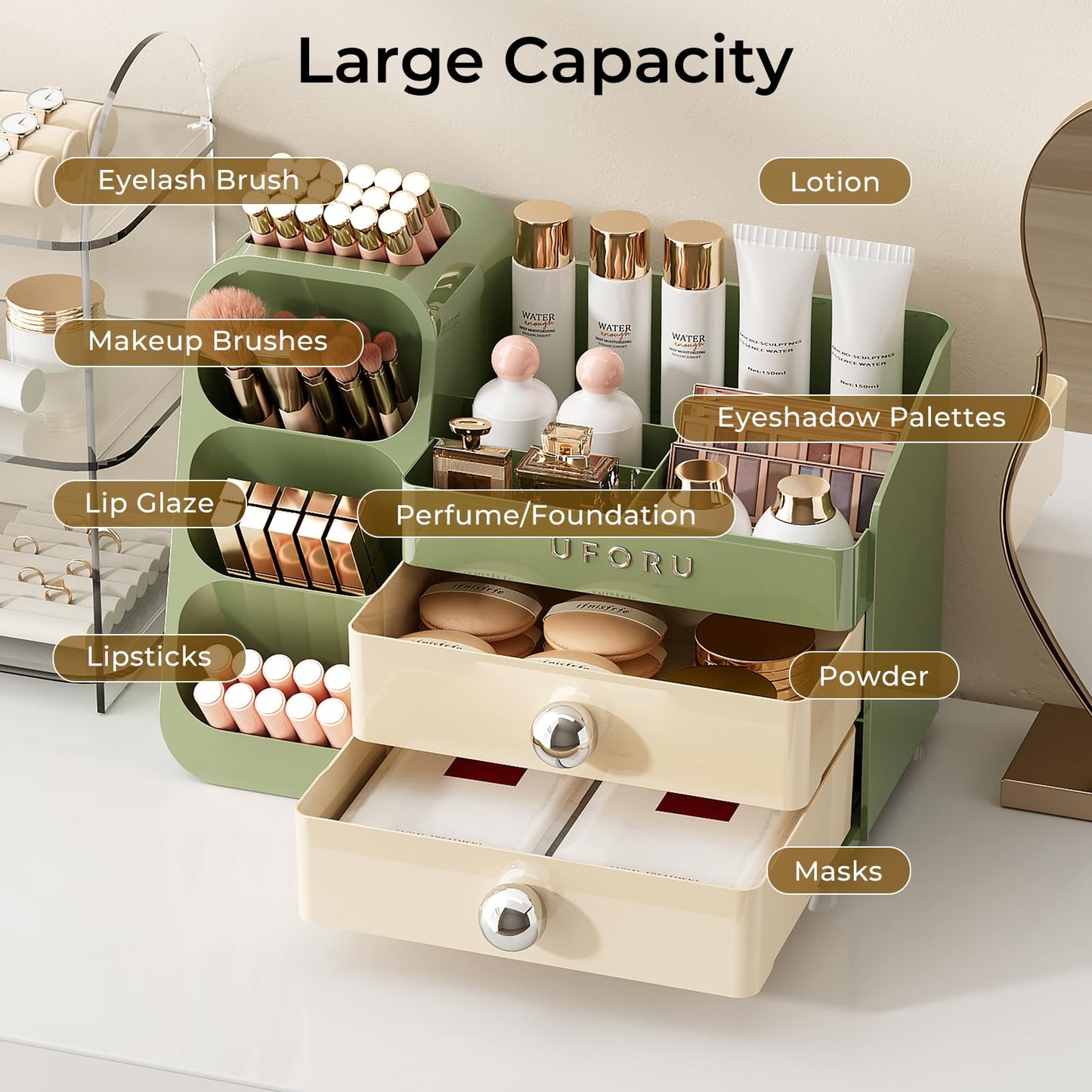 UFORU Makeup Organizer for Vanity with Brush Holder, Large Capacity Bathroom Countertop Skincare Organizer with 2 Drawers, Cosmetic Display Case for Perfumes, Eyeshadow Palettes, Nail Polishes
