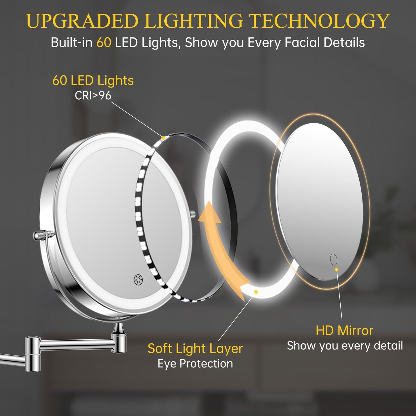 FUNTOUCH Rechargeable Wall Mounted Makeup Mirror with Lights,5000mAh Double Sided 3X/20X Magnifying,3 Color Lights,Touch Dimmable, Extended Arm 360 Rotation Lighted Bathroom Mirror with Magnification