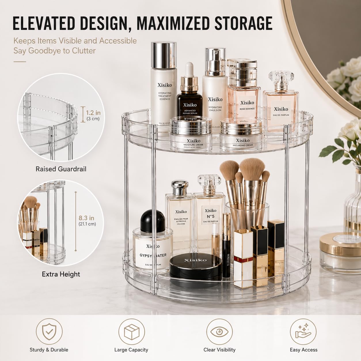 360° Rotating Bathroom Counter Organizer, 2 Tier Clear Makeup Organizer Vanity Storage for Skincare Perfume Cosmetics, Lazy Susan Spinning Storage for Bathroom Vanity Kitchen
