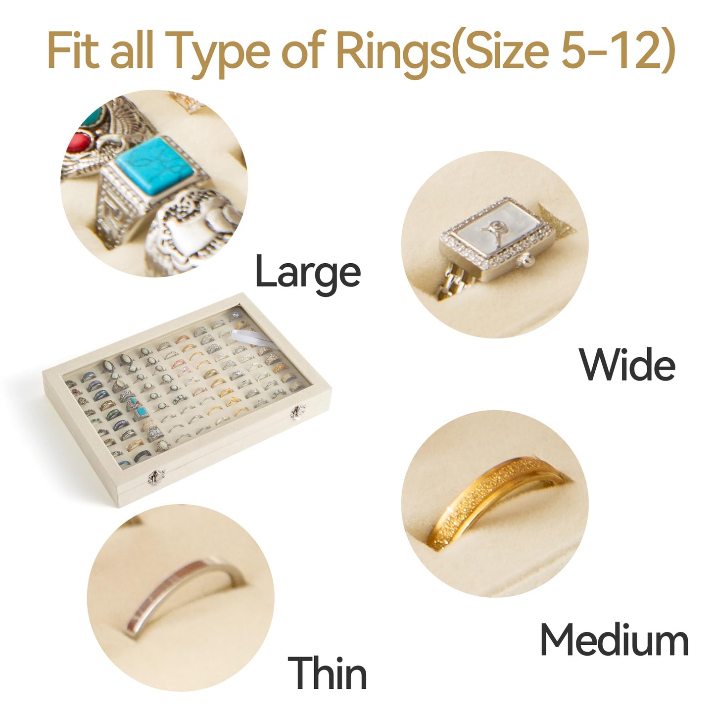 Frebeauty Ring Organizer Tray 100 Slots Ring Holder with Clear Lid Velvet Storage Box Jewelry Tray for Jewelry Store Earring Display Case for Jewelry Show Studs Box for Women(Beige)