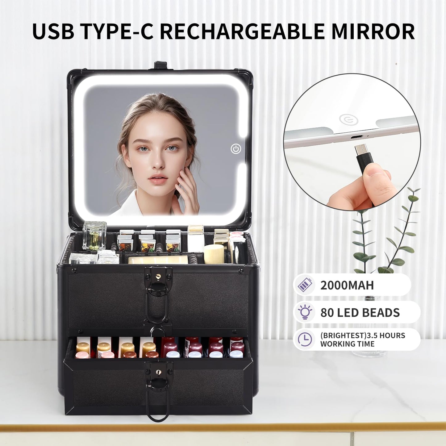 Leeora&Leekoo Makeup box with Drawer and lighted mirror travel train Case, cosmetic organizer with Adjustable Dividers and Magnetic led mirror (Black)