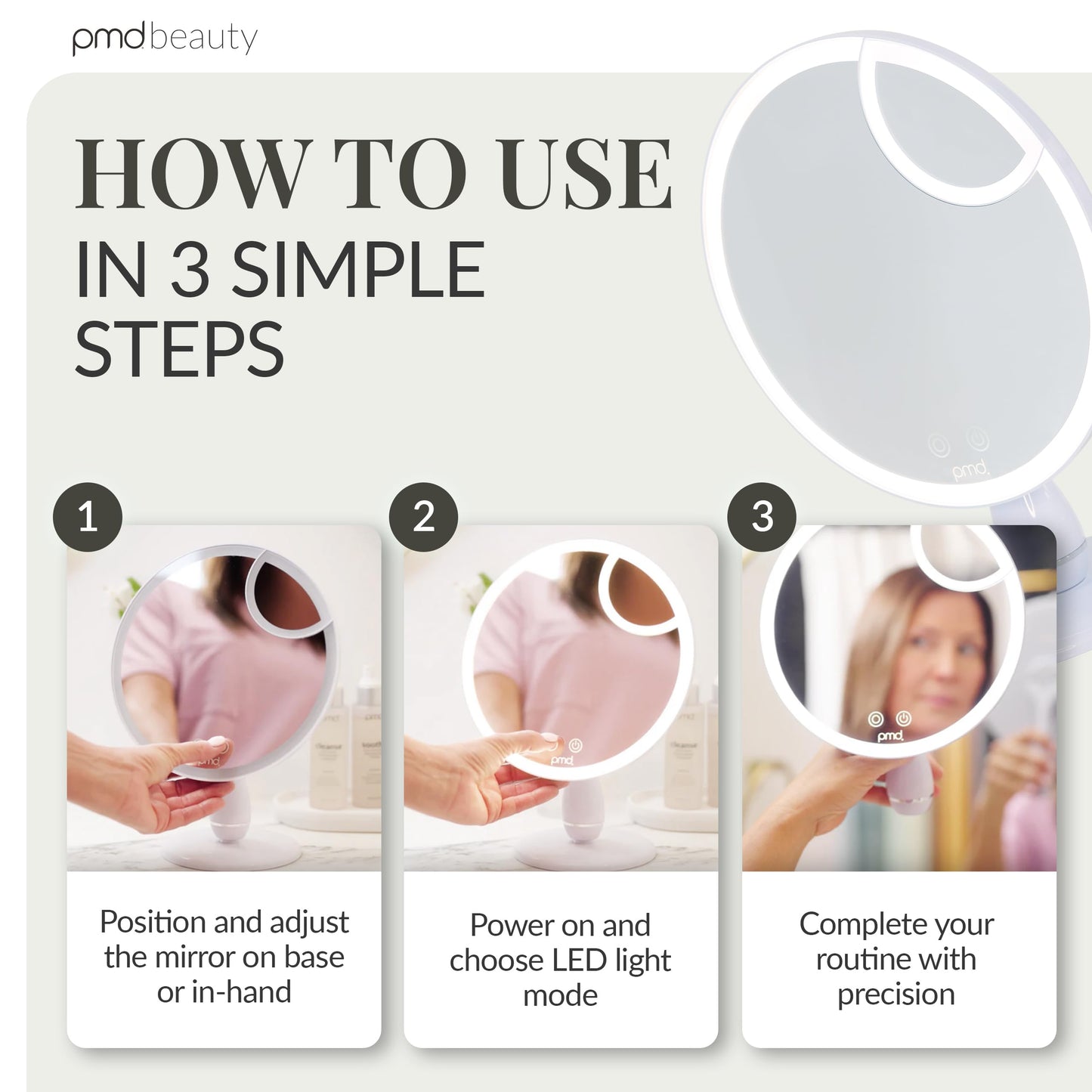 PMD Beauty Reflect Pro LED Makeup Mirror with Lights - TriLume Technology - Handheld Vanity Mirror - Three Modes, 360° Rotation, 5X Magnification, Travel Ready