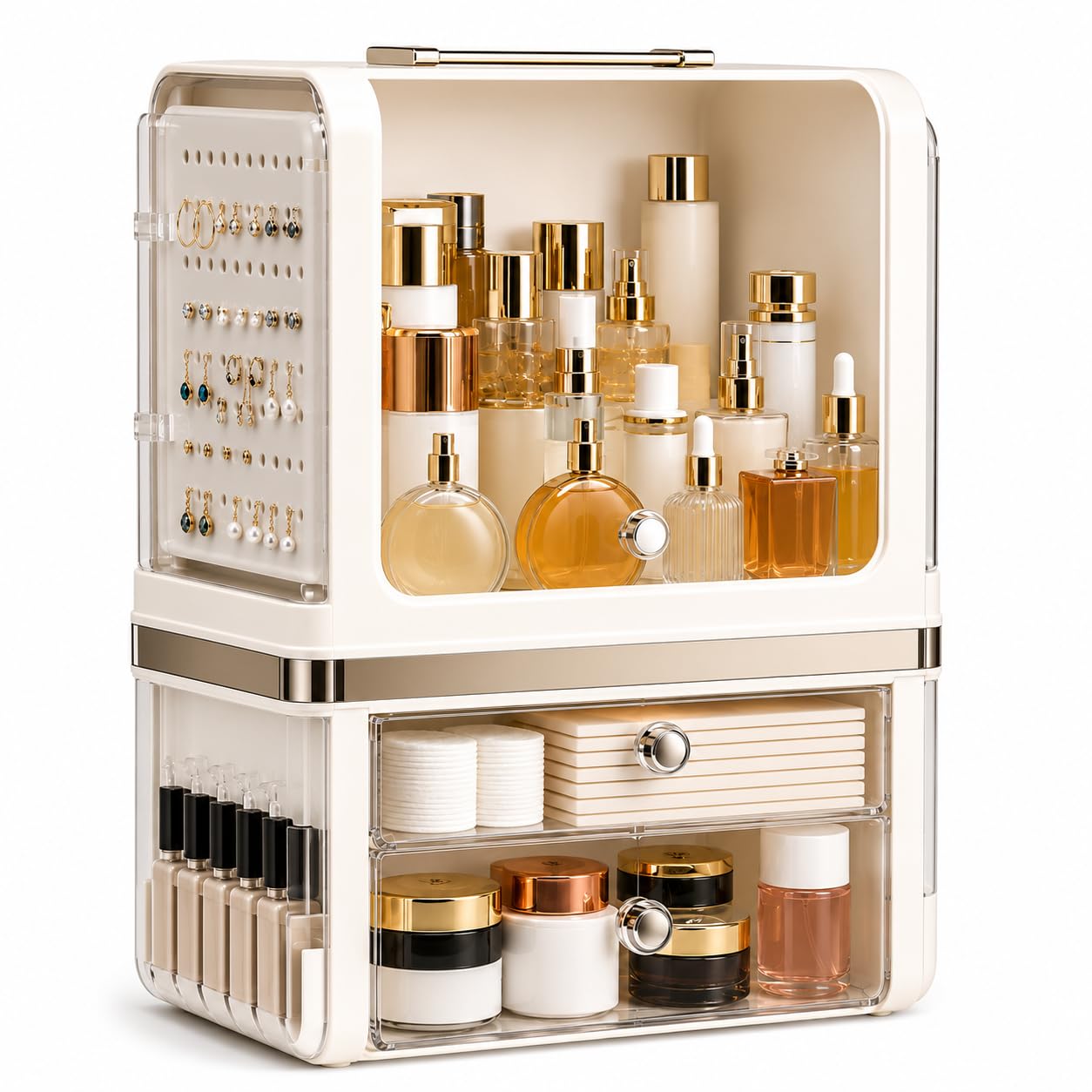 Makeup Organizer with Drawers, Large Acrylic Dustproof Cosmetic Storage Box with Lid, 2-Layer Vanity Organizer for Skincare, Perfume & Bathroom Countertop (28.5 × 20 × 38 cm)