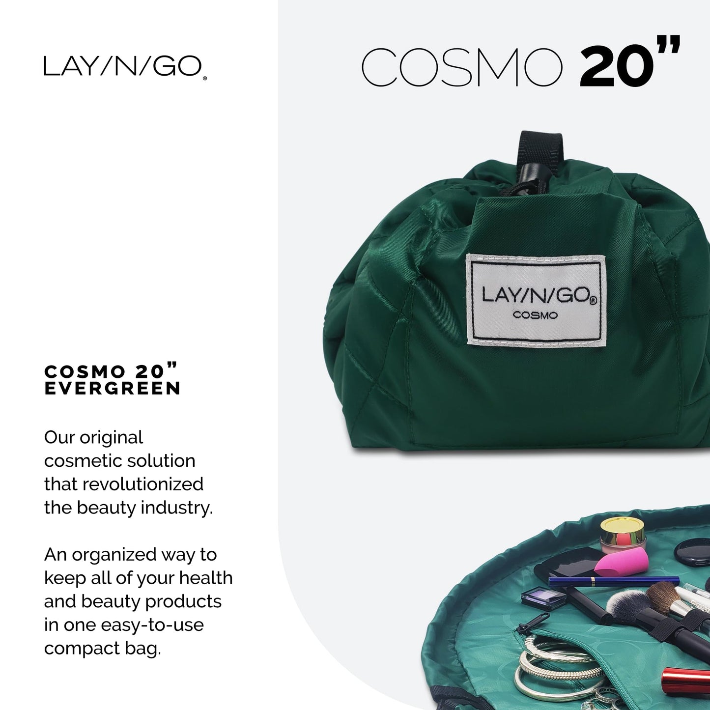 Lay-n-Go Cosmo Lay Flat Drawstring Cosmetic & Makeup Bag Organizer - Zipper Pocket, Brush Loops & More - Durable, Machine Washable Toiletry Carrier for Travel, Cinch Closure, Gift (20", Evergreen)