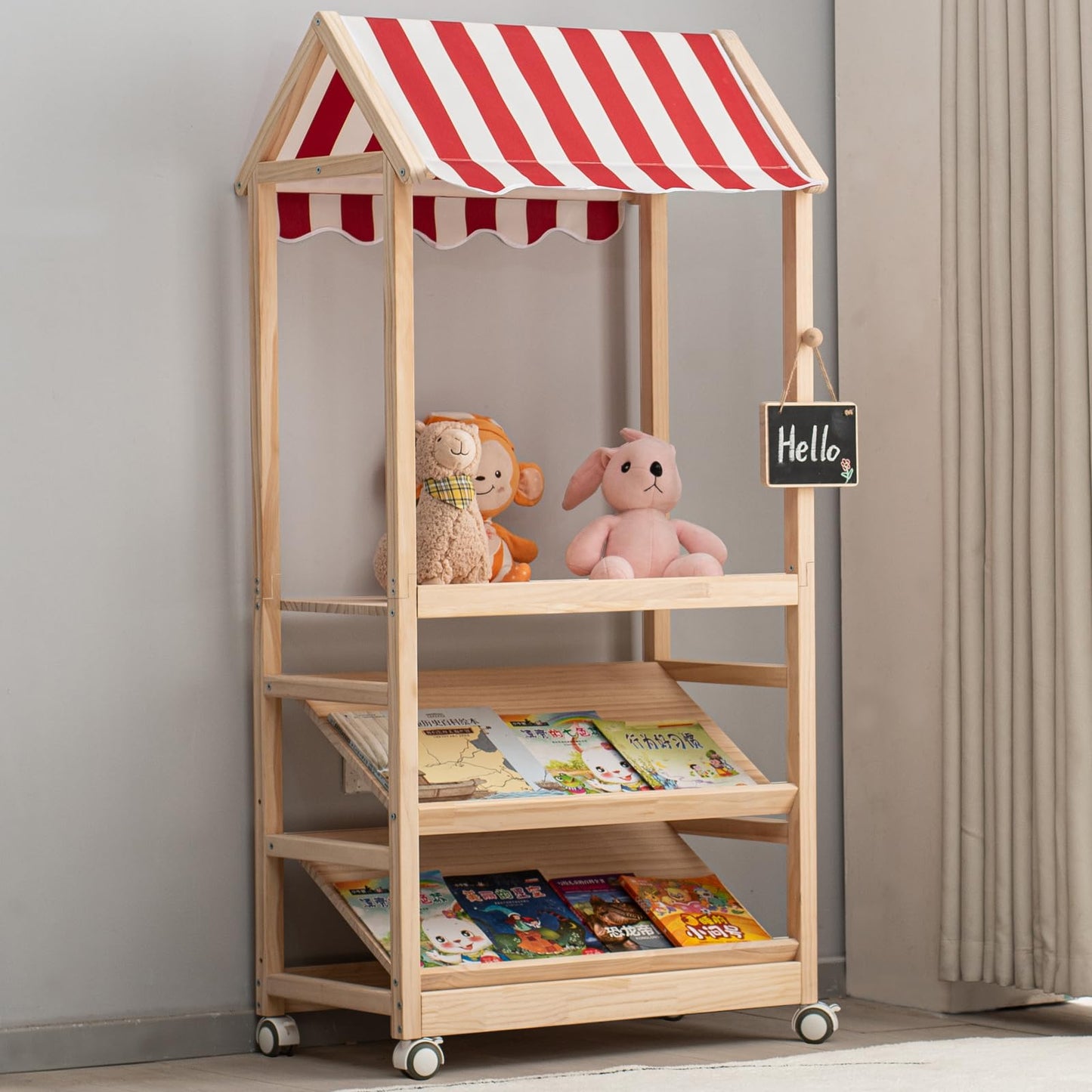 HaoGZMZFCL 3 Tier Wood Storage Rack with Lockable Casters for Easy Movement for Living Room Bed Room Wooden Storage Shelf Bookshelf Coat Rack for Books Toys Clothes, a Rod (Red & White roof)