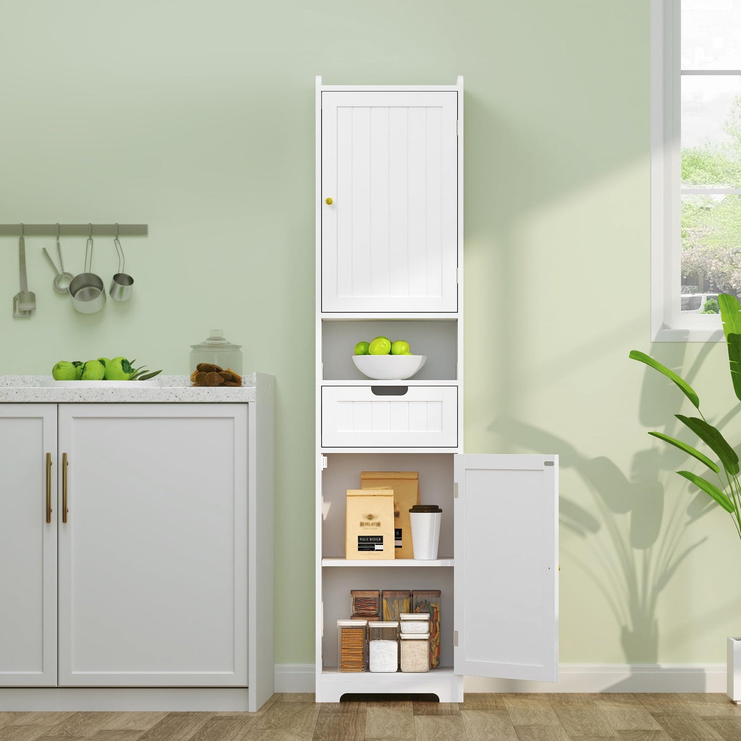 TidyHaven 67" H Tall Bathroom Storage Cabinet, Slim Narrow Organizer with Adjustable Shelves, 2 Doors & 1 Drawer, Freestanding Floor Cabinet for Bathroom, Kitchen, Living Room (White)
