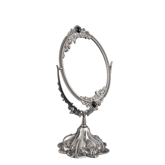 Feyarl Small Vintage Makeup Mirror Floral Tabletop Oval Vanity Mirror with Stand Dressing Room Swivel Double Sided Elegant Decorative Mirror Embossed Frame (Pewter)