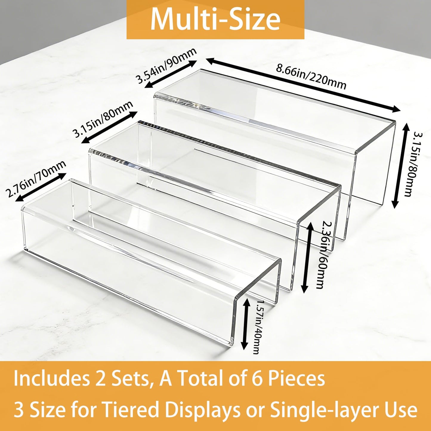 MerryNine Acrylic Risers, 6 Pcs 2 Set 8.6”L Clear Display Stand, Rectangular Acrylic Display Risers, Transparent Pop stand for Cupcakes, Figures, cosmetics, Retail, Shoe Showcase, Collectibles Display