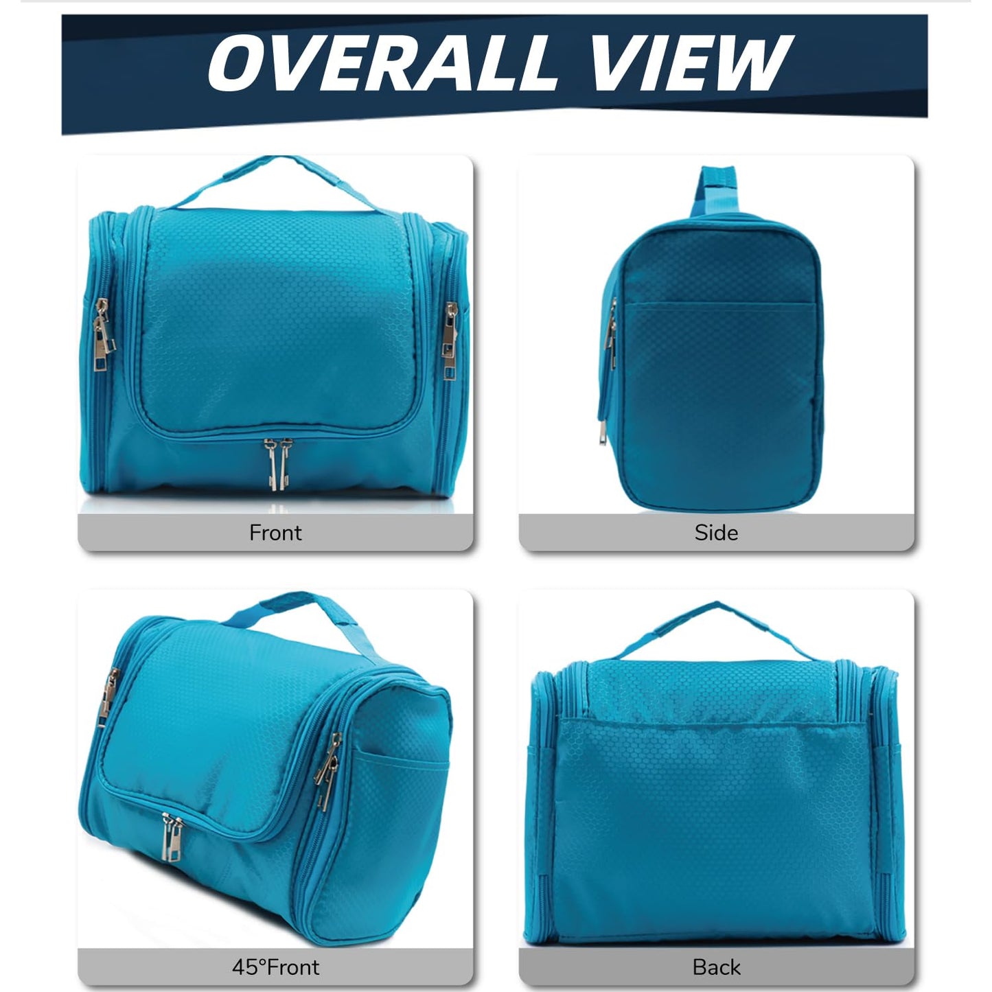 Buruis Hanging Toiletry Bag for Women and Men, Large Water-Resistant Makeup Organizer with Sturdy Hook, Lightweight Nylon Dopp Kit for Full-Sized Toiletries & Cosmetics, Light Blue