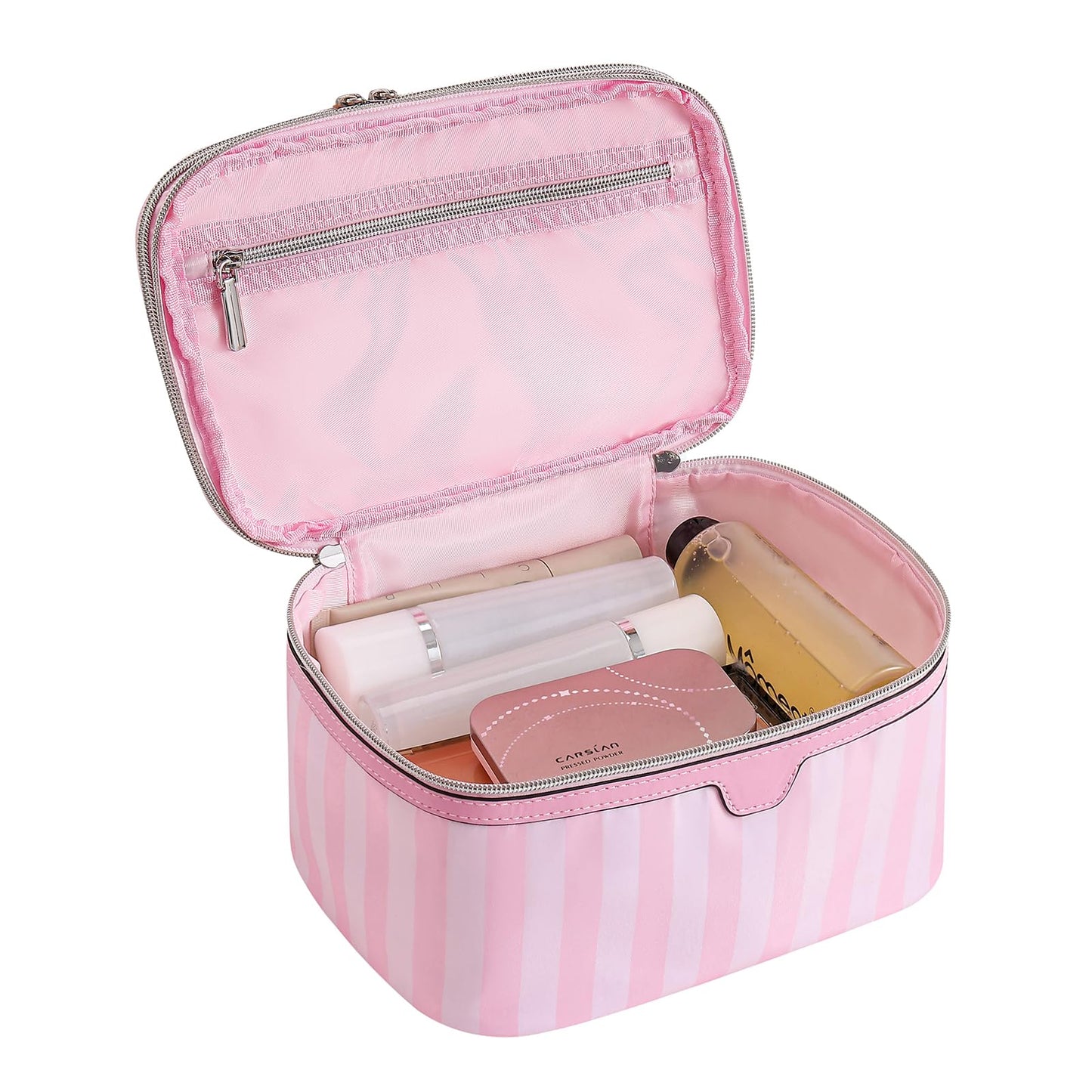 RSRSLEII Large Waterproof Double Layer Travel Makeup Bag, Aesthetic Nylon Striped Cosmetic Case，Coquette Traveling Toiletry Bag With Handle，Ideal for Women and Girls(01Top Open)