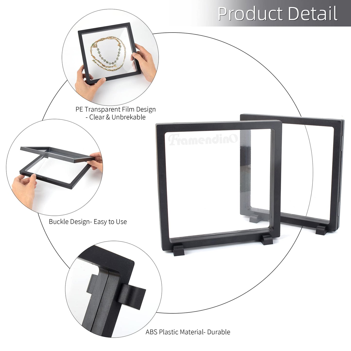 Framendino, 4 Pack Black 3D Floating Frame Display Case 7 x 7 x 0.8 Holder Stands Jewelry Storage Box for AA Medallion Shells Gems
